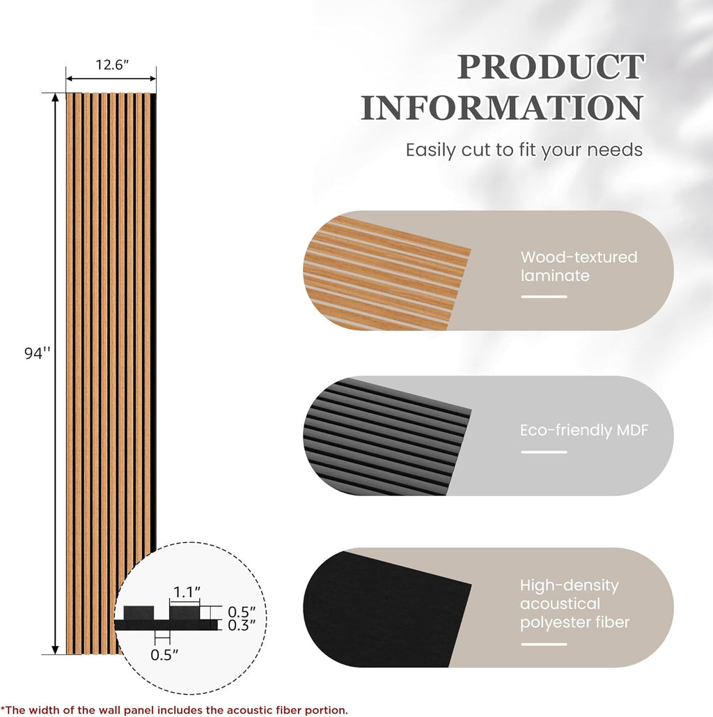Wood Salt Acoustic Wall Panels, 4 Piece 94" x 12.6" x 0.8" Soundproof Wooden Wall Panels, 3D Fluted Sound Absorbing Panel, Brown