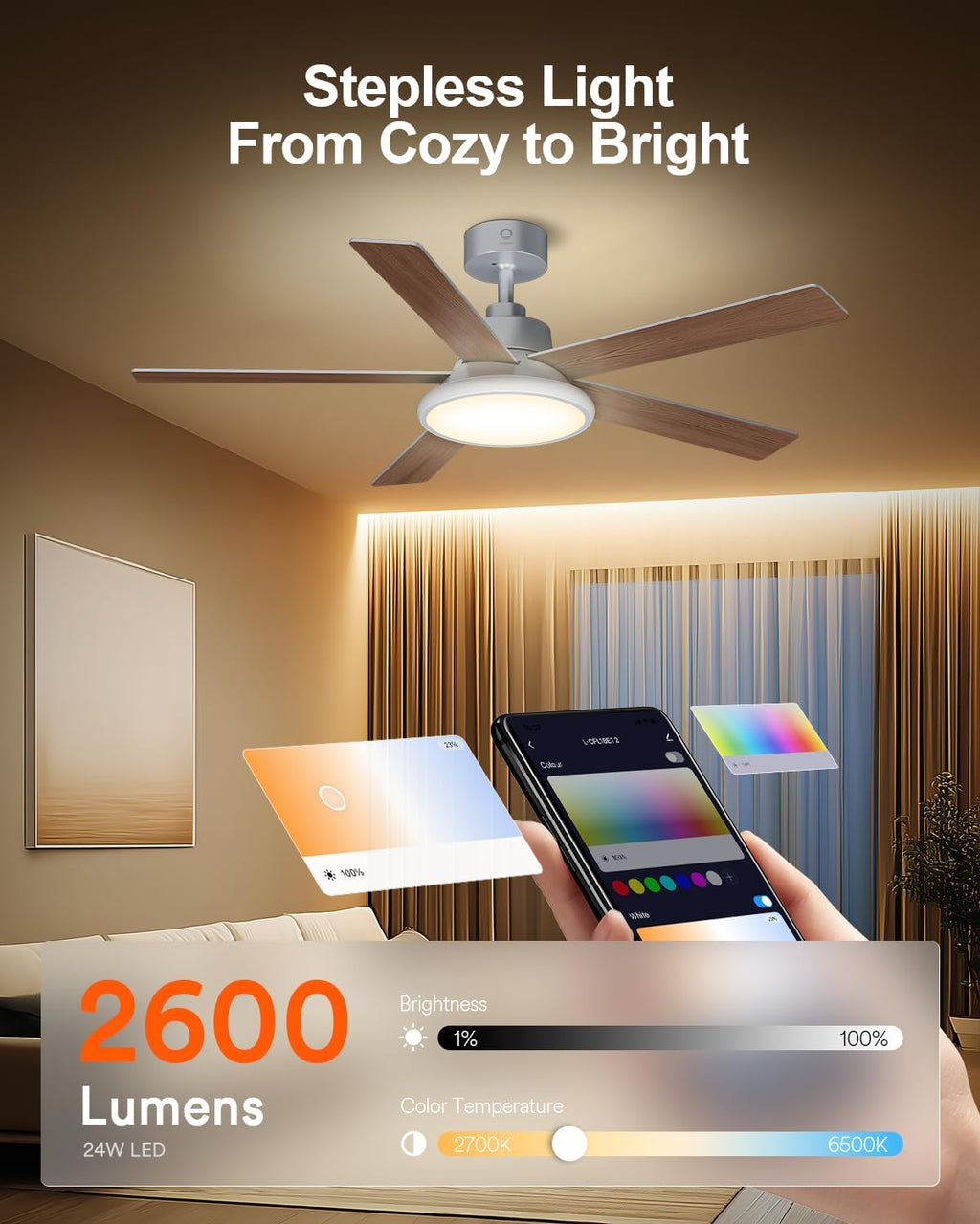 Lumary Smart Ceiling Fan with RGBAI Lights 52'', RGB & Stepless Color Temperature, Work with Alexa/Google/Remote, 46 Scenes, Modern Flush Mount Low Profile Ceiling Fan for Bedroom Kids Room, Silver