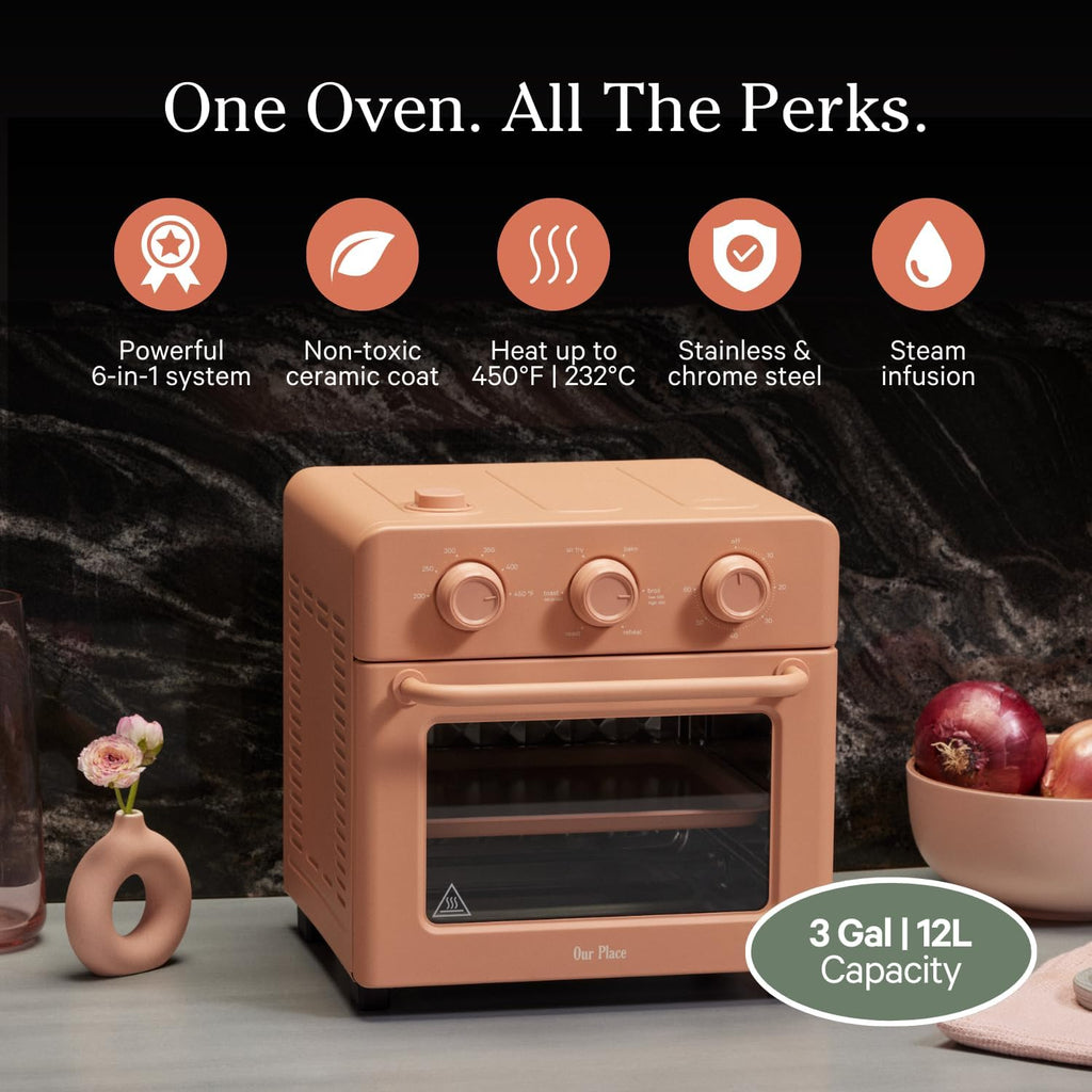 Our Place Wonder Oven | 6-in-1 Stainless Steel Air Fryer Toaster Oven Combo with Basket, Rack, Pan & Tray | Compact 13 QT Countertop Capacity - Toast, Roast, Bake, Reheat, Broil & Steam | Spice