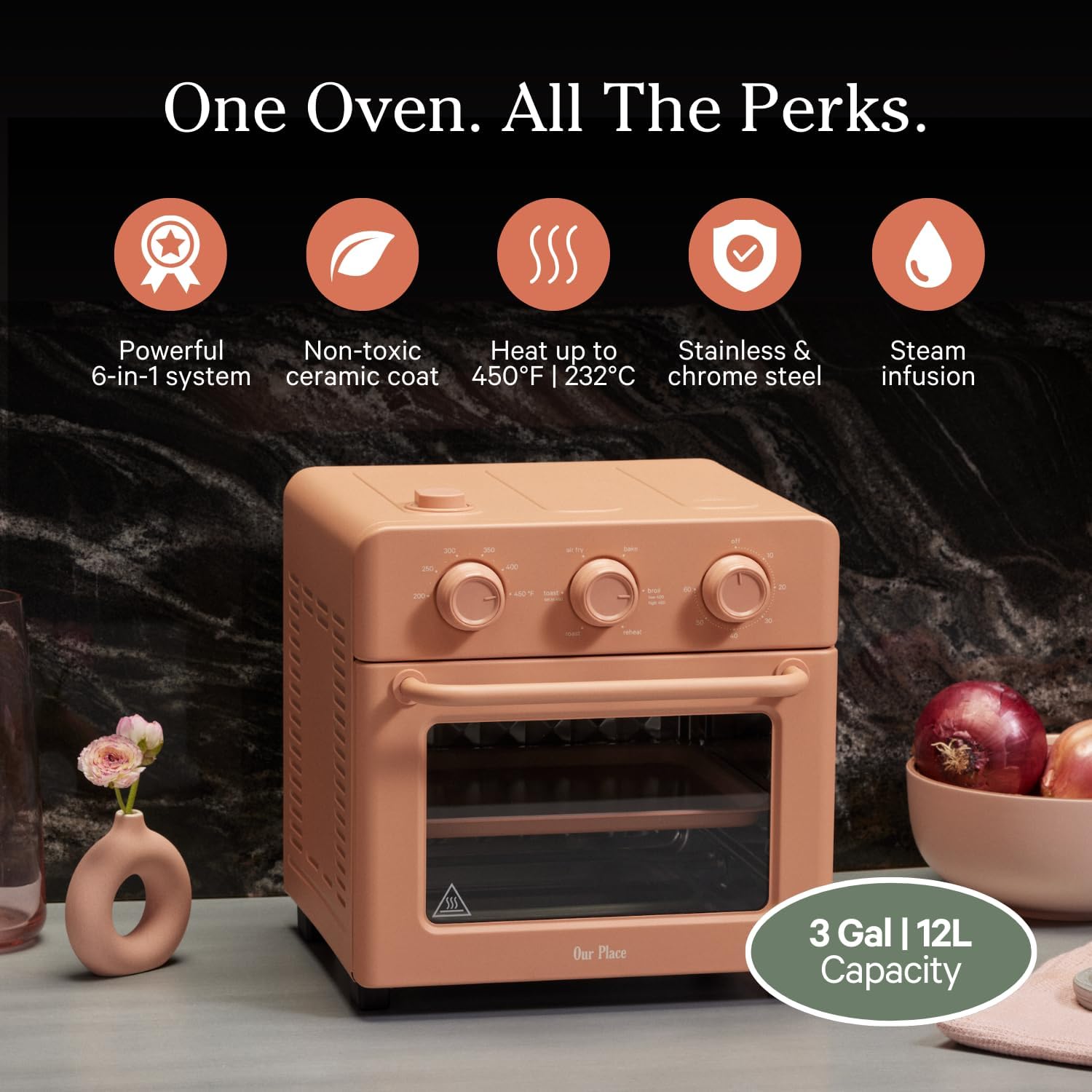 Our Place Wonder Oven | 6-in-1 Stainless Steel Air Fryer Toaster Oven Combo with Basket, Rack, Pan & Tray | Compact 13 QT Countertop Capacity - Toast, Roast, Bake, Reheat, Broil & Steam | Spice