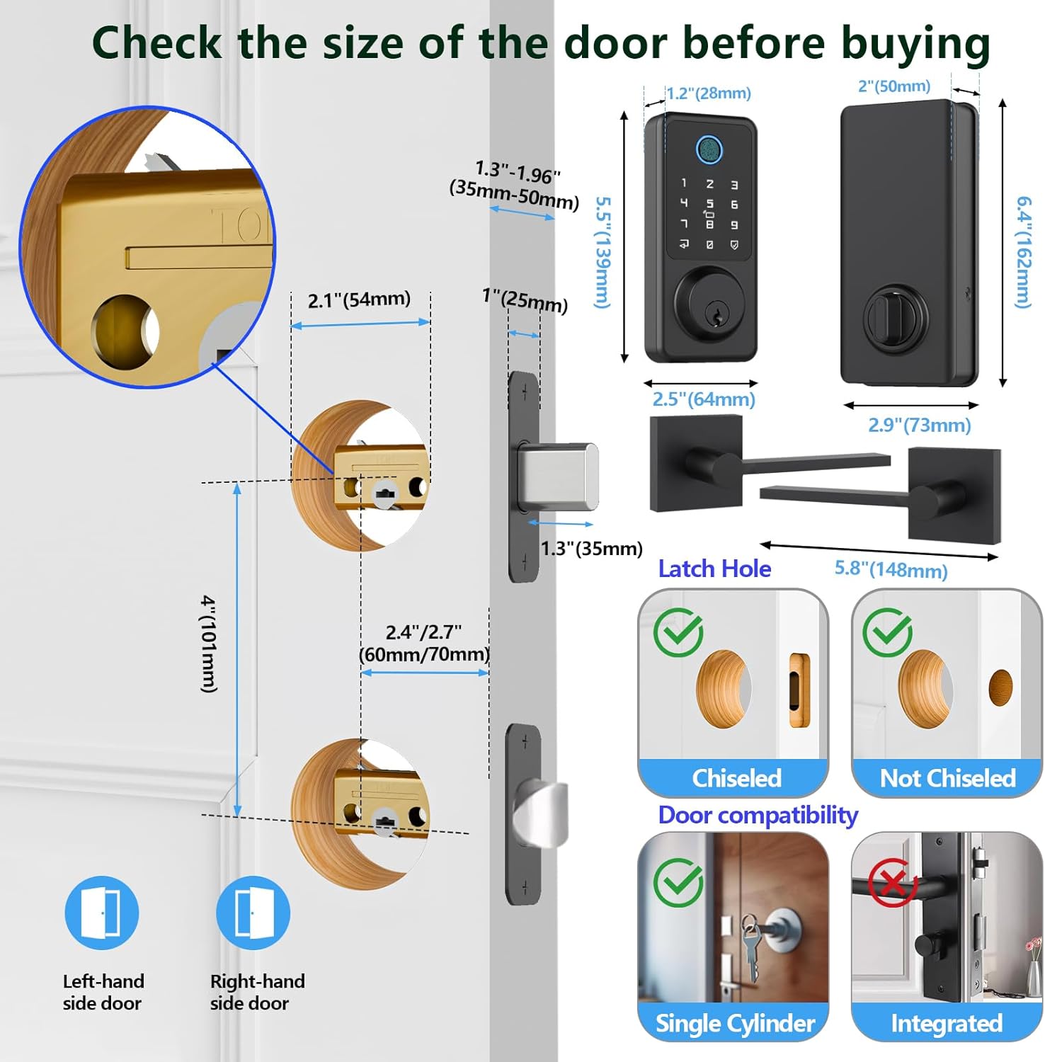 Smart Door Lock Set, Fingerprint Door Lock with Lever Handle, Black Keyless Entry Lock with App, Keypad Deadbolt for Home