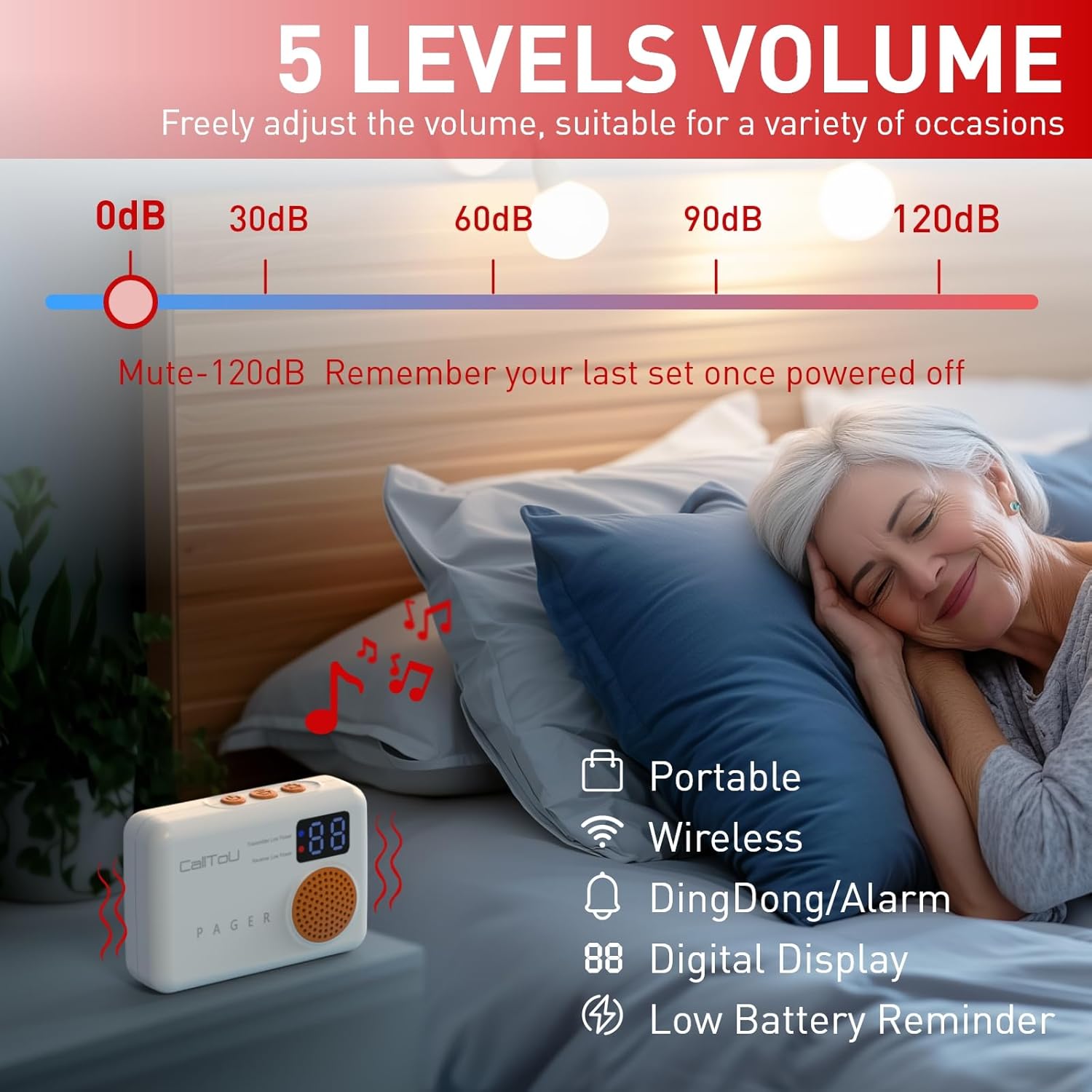 CallToU Bed Alarm and Fall Prevention for Elderly/Dementia/Patients Wireless Caregiver Pager Motion Sensor Detector Alert Bed Alarm for Elderly Adults with Vibration Digital Display Low Battery Remind