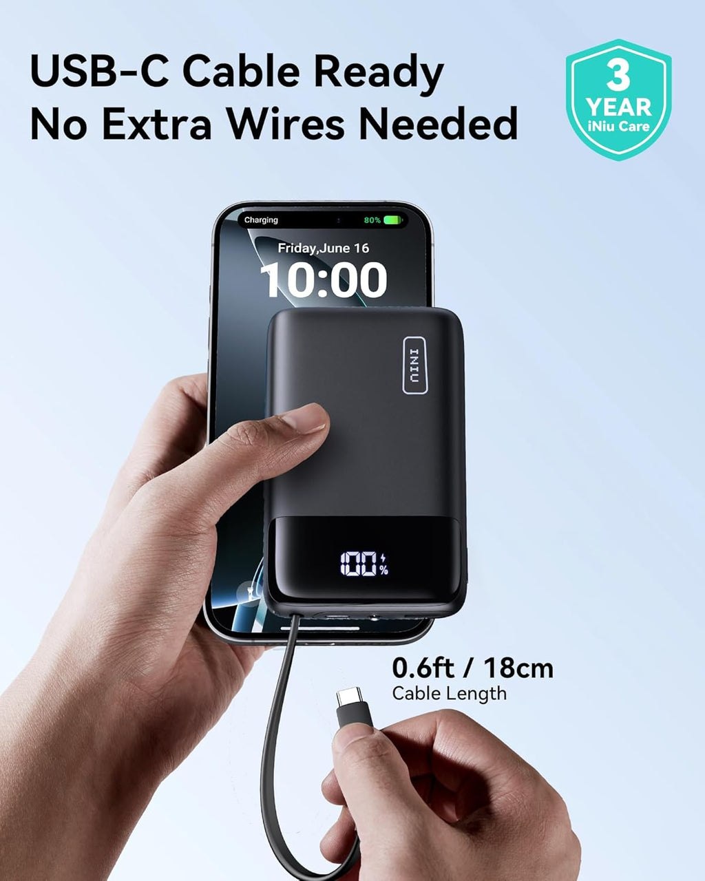 INIU Portable Charger, Small 20000mAh Power Bank with Build in USB-C Cable, 45W Fast Charging Mini Battery Pack, Flight Travel Essentials Phone Charger for College Student Traveler Boys Girls, White