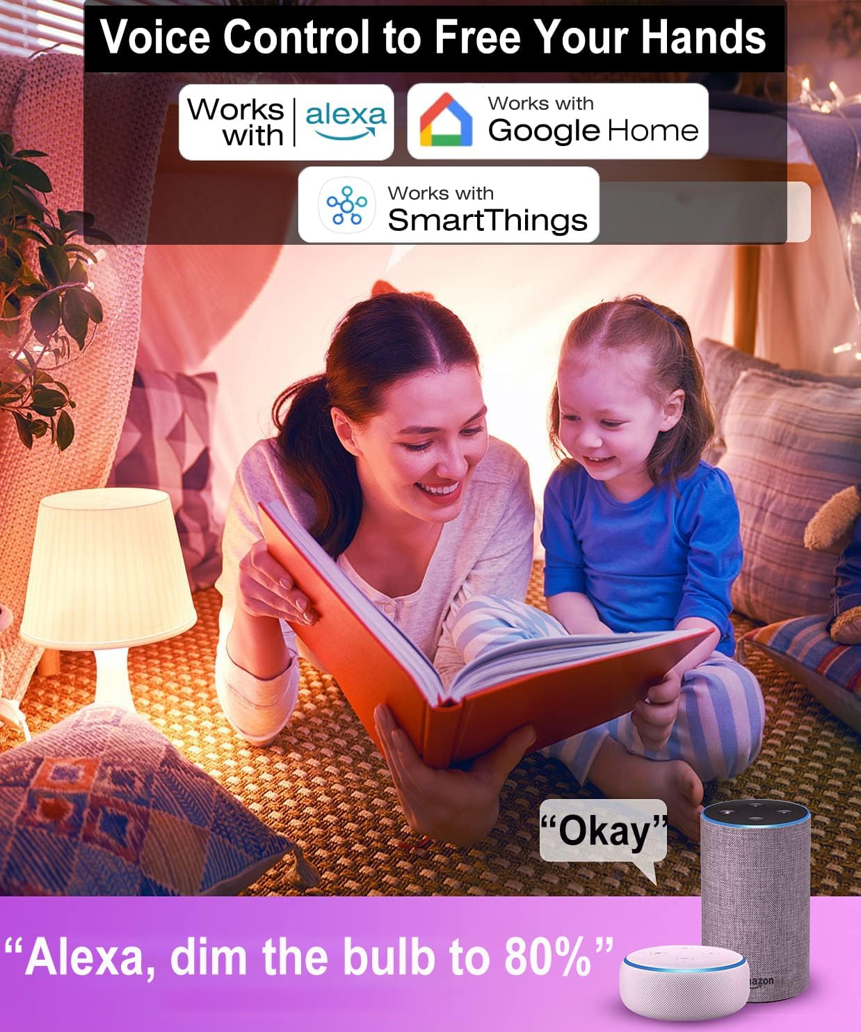 Vinaco A19 Smart LED Bulb 9W 800LM, 60W Equivalent, RGB Color Changing Light Bulb Work with Alexa & Google Assistant, WiFi Bluetooth Light Bulbs E26 Base, Smart A19 Dimmable Light, No Hub Needed