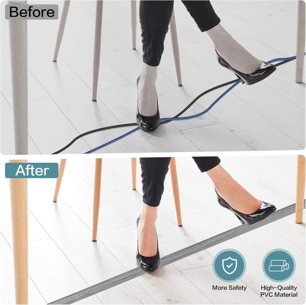 Floor Cord Cover Self Adhesive Cord Hider Floor Extension Cord Covers for Floor Power Cord Protector Cable Management Prevent Cable Trips Cable Cavity 0.59" W x 0.31" H (Light Grey Wood, 20Ft)