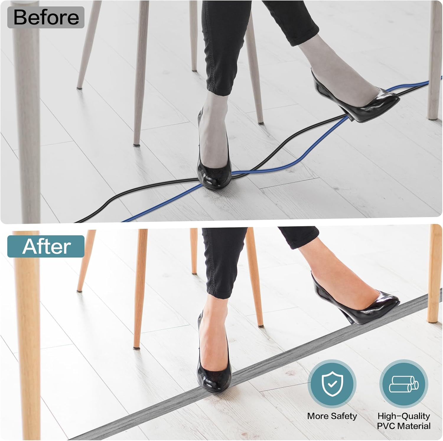 Floor Cord Cover Self Adhesive Cord Hider Floor Extension Cord Covers for Floor Power Cord Protector Cable Management Prevent Cable Trips Cable Cavity 0.47" W x 0.27" H (Light Grey Wood, 20Ft)