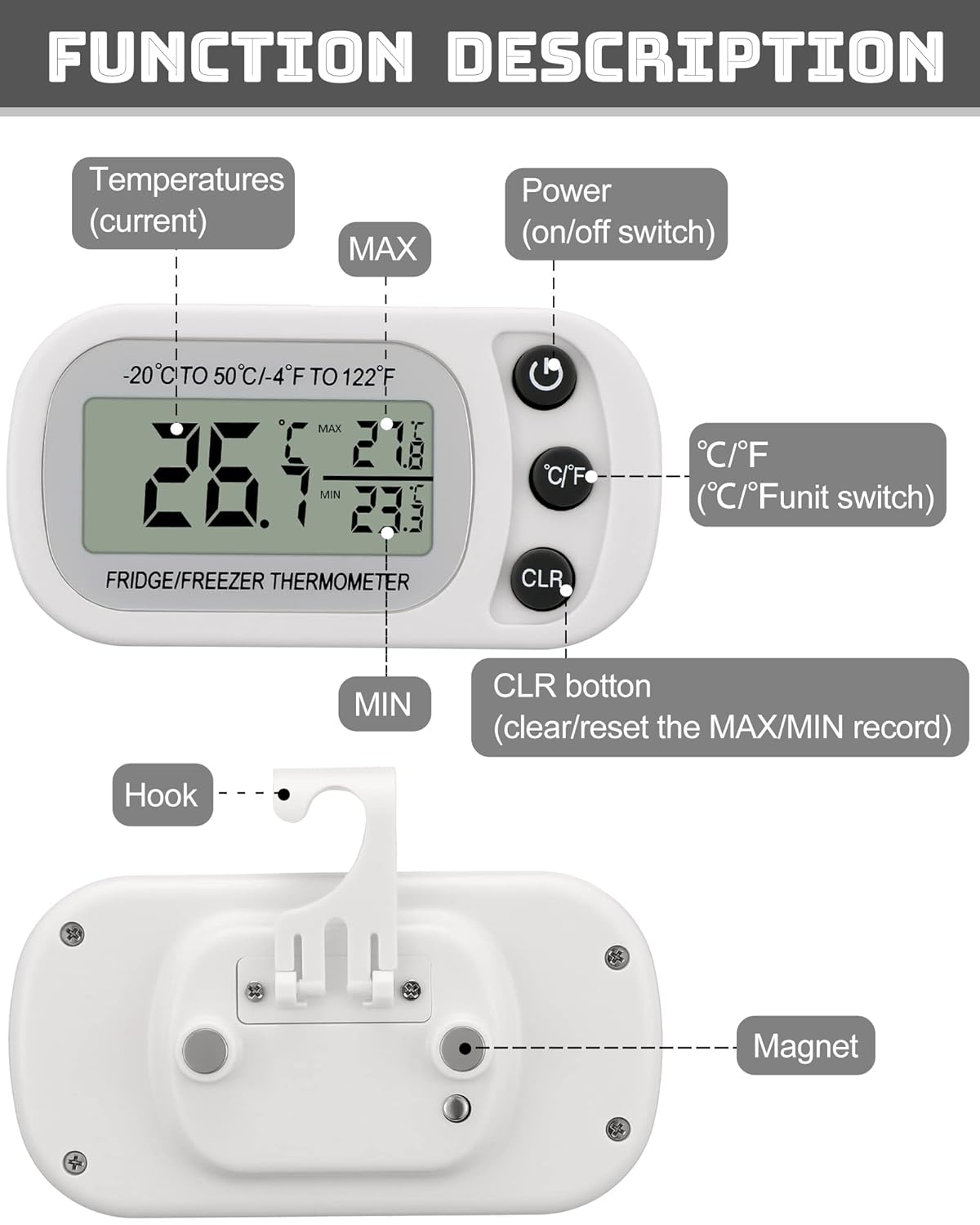 Frienda 8 Pack White Digital Fridge Thermometer Waterproof Refrigerator and Freezer Room Max/min Record Function LCD Screen Refrigerator Thermometer with Hook and Magnetic Back for Home