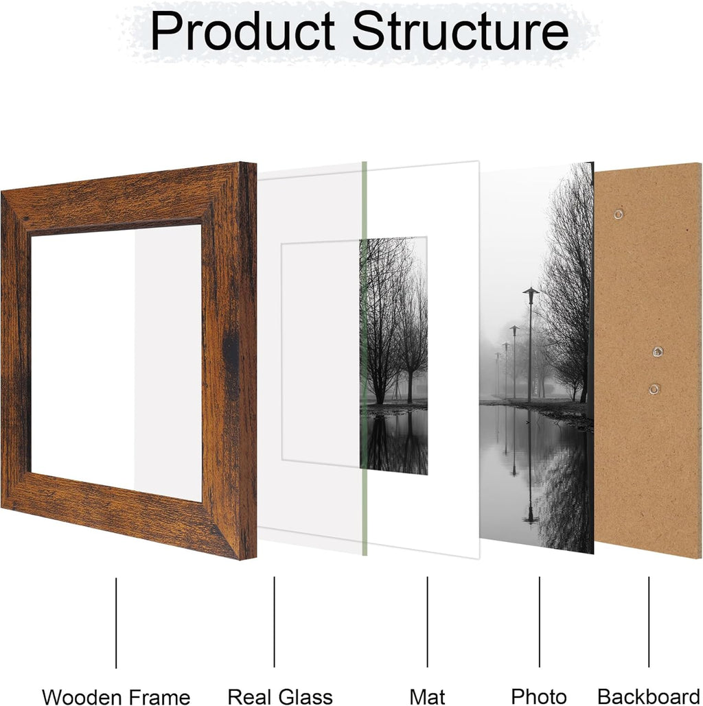 iRahmen 6x6 Picture Frame Set of 4 with Real Glass, Rustic Frames Display 4x4 Picture with Mat or 6 x 6 Without Mat, Square Photo Frame for Wall Mount and Tabletop Display