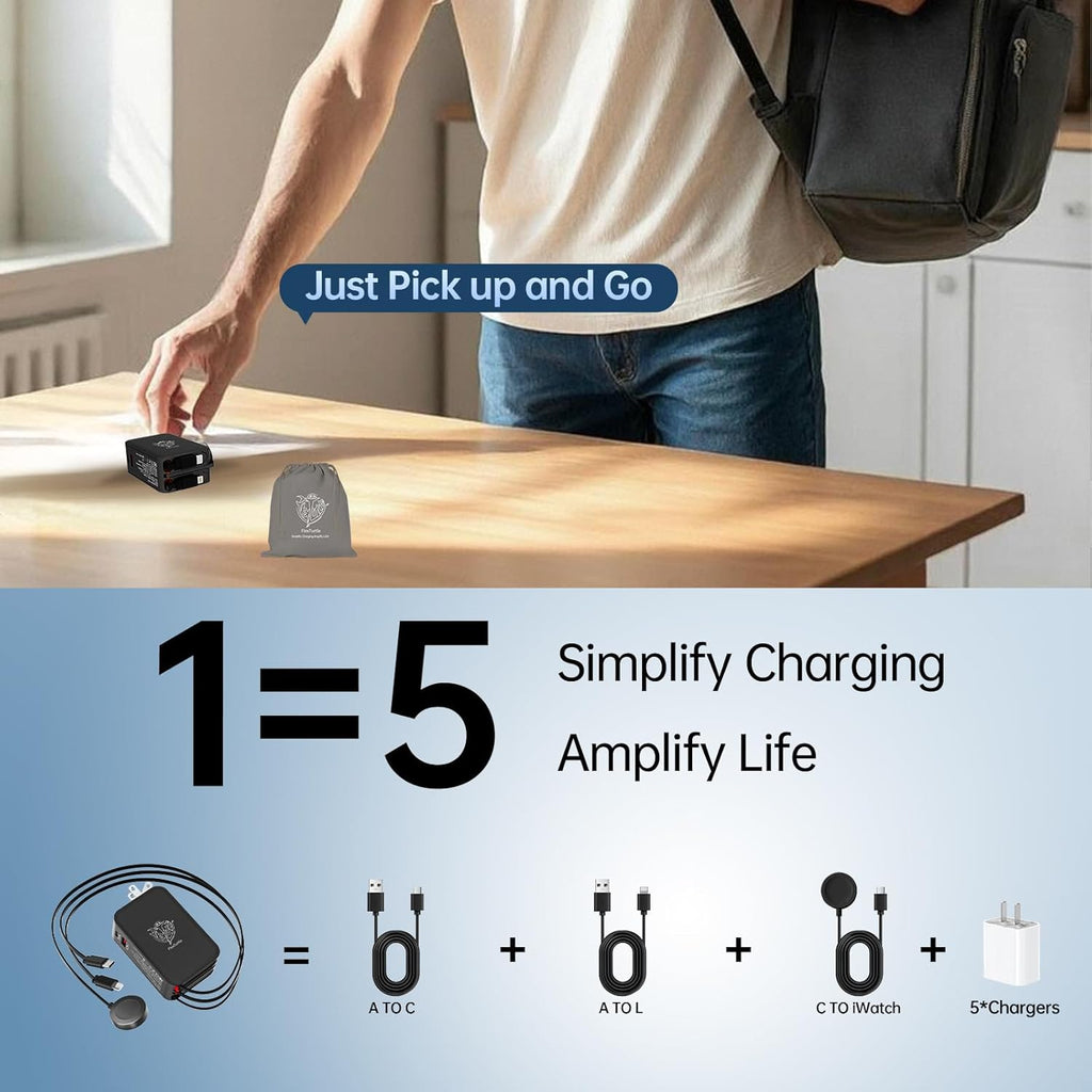 Retractable Apple Watch Charger, 5 in 1 Travel Charging Station for Apple Devices, Retractable Chargers for Multiple Devices with Multi Charging Cable, Charger Block for Apple Gear (Black)