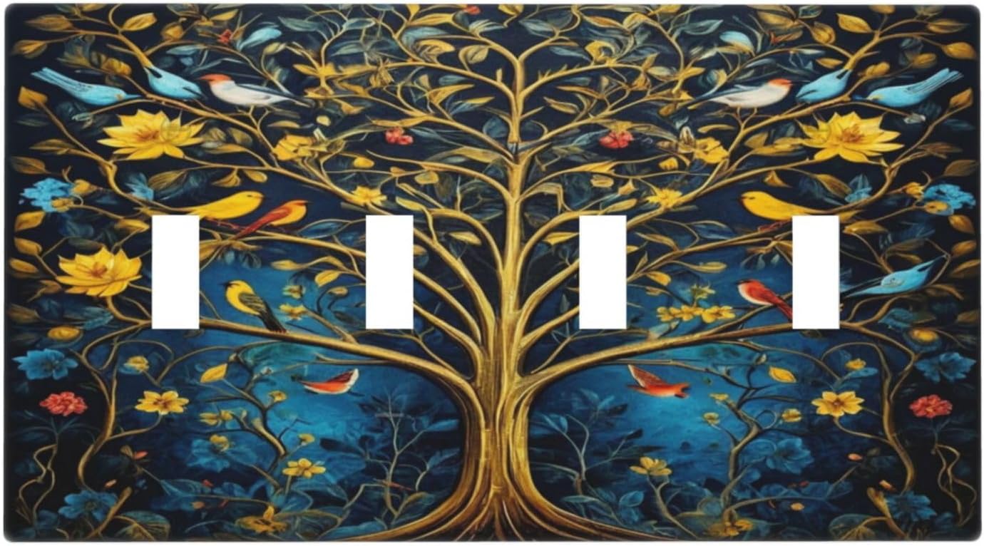 Gold Tree With Birds Flowers on Branches Light Switch Covers Quad Toggle 4 Gang Wall Plate Decorative Switchplate Electrical Faceplate for Farmhouse Bathroom Living Decor