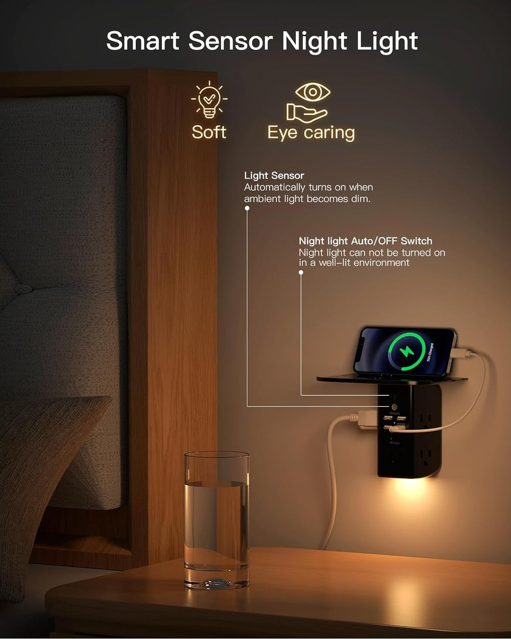 Wall Outlet Extender with Shelf and Night Light,Surge Protector,USB Wall Charger with 5 USB Outlets and 3 USB Ports 1 USB C Outlet
