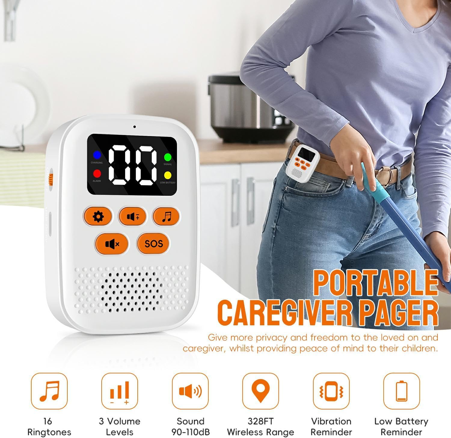 Wireless Caregiver Call Button Alarm, Portable Caregiver Pager for Seniors Patients 1 Bracelet Button & 1 Digital Display Receiver