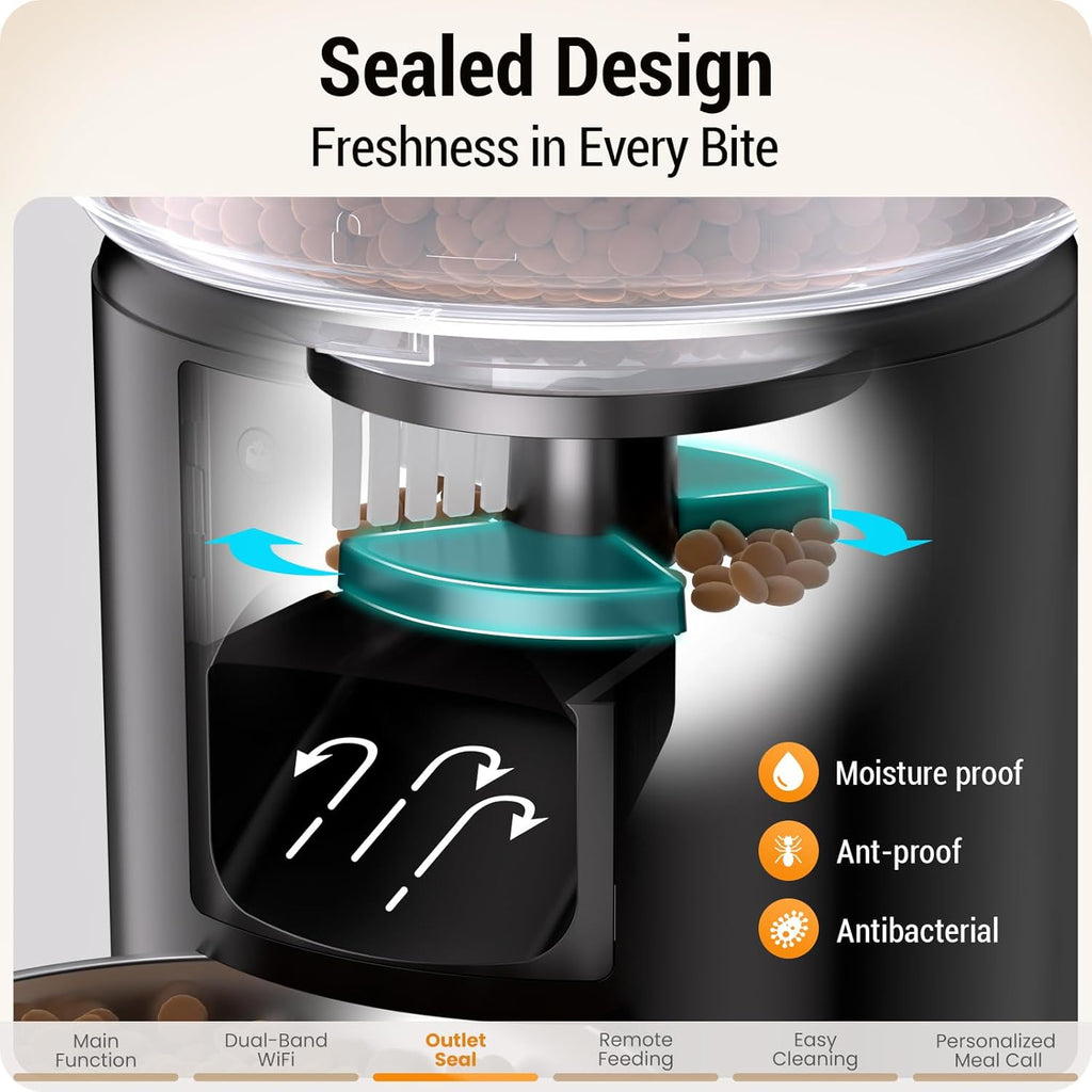 Automatic Cat Feeder with 5G WiFi : 5L Automatic Dog Feeder with Sealed Outlet, Timed Auto Cat Food Dispenser with APP Control for Pets, Detachable for Easy Clean - 21 Cup