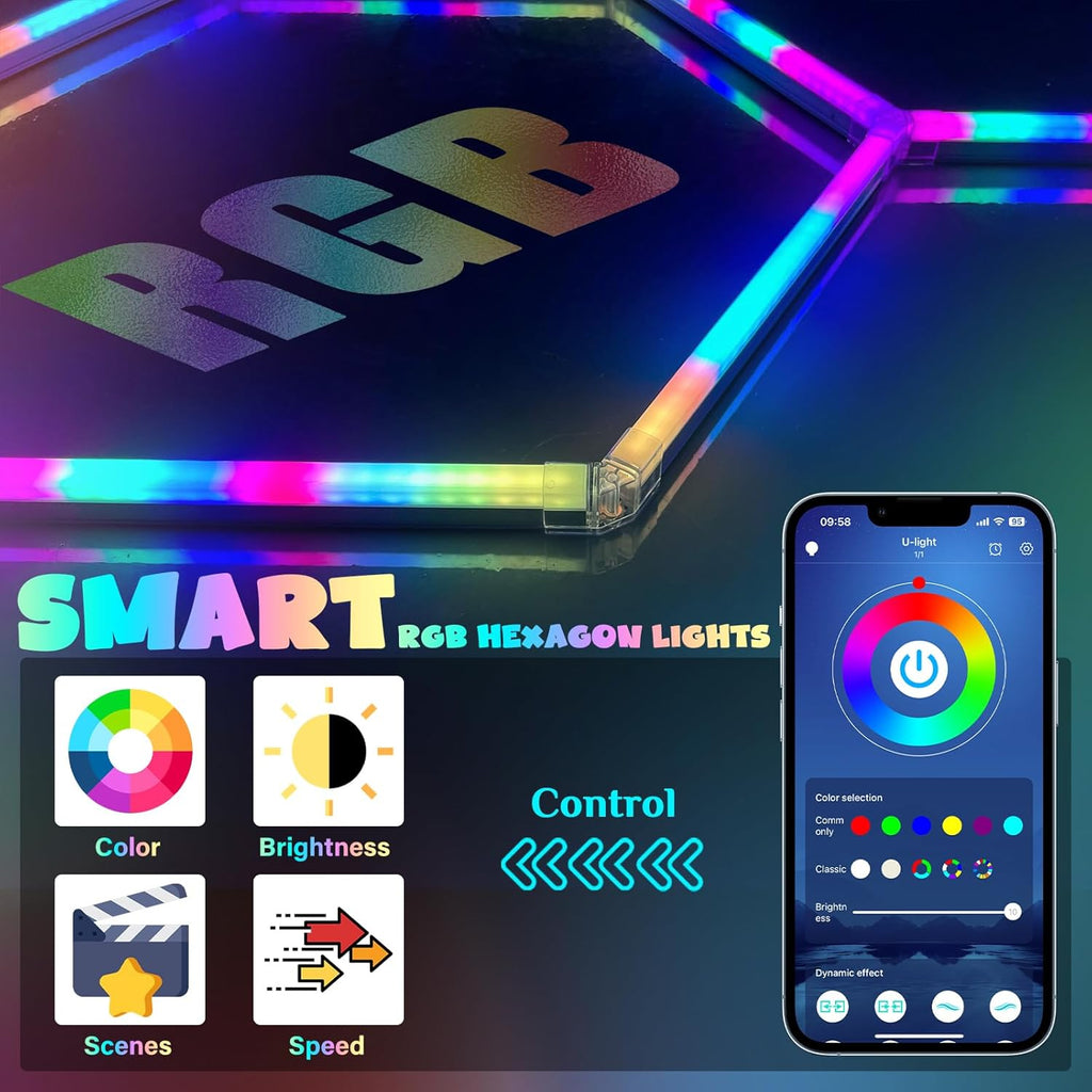 Hexagon Garage Lights RGB - Multicolor RGB with Music Sync Mode (358 Dynamic Effects), Dimming，Speed Control. Perfect for Gaming, Bars, Studios ，Home Gyms