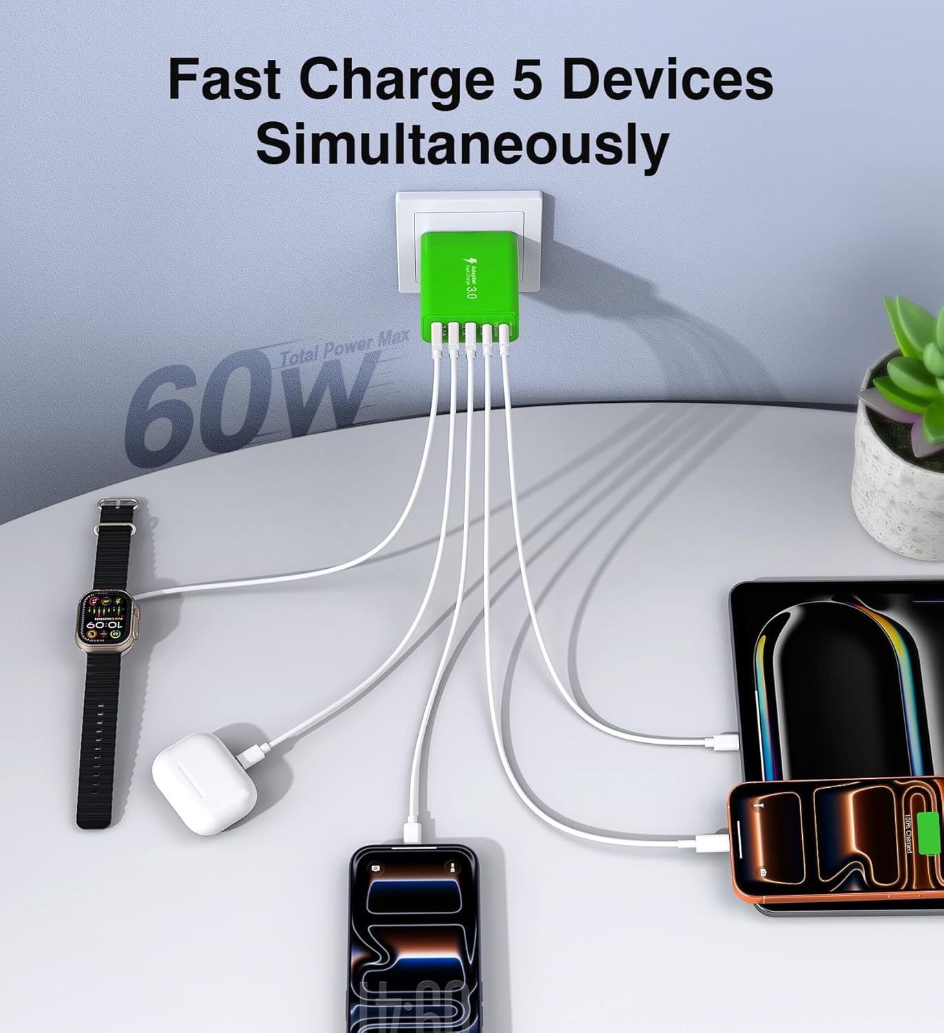 [2-Pack] USB C Wall Charger, 60W Fast USB C Charger Block, 5-Port PD Power Adapter + QC Wall Plug Multiport Type C Charging Block Cube Compatible with iPhone 17 16 15 14 13 12 Pro Max XR XS, Green
