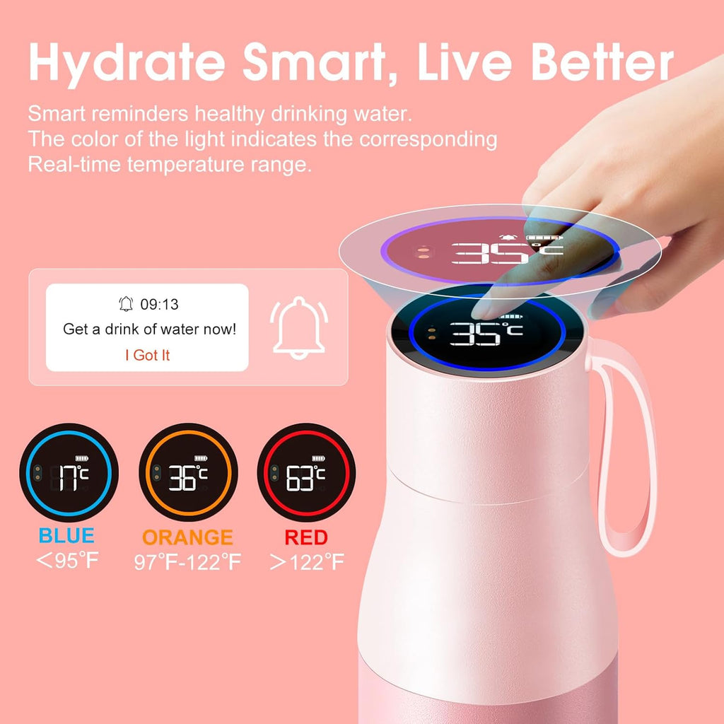 VSITOO 15oz Smart Self Cleaning Water Bottle，Insulated Water Bottle with Stainless Steel, BPA-Free, AI Self-Clean, 30-Day Battery, Magnetic Charging for Travel, Gym or Office, Pink