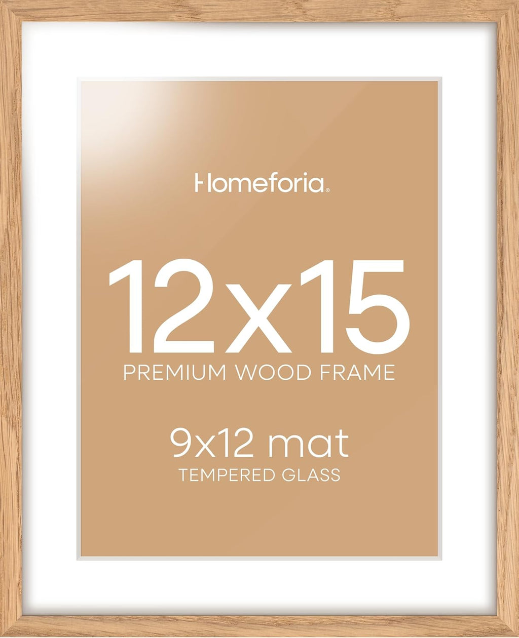Homeforia 12x15 Wood Frame, High End Natural Oak 12x15 Light Wooden Picture Frame with Mat 9x12, 12 x 15 Poster Frames Matted to 9 by 12 Photo, 15x12 Hanging Frames, Tempered Glass, Wall Kit, Set of 1