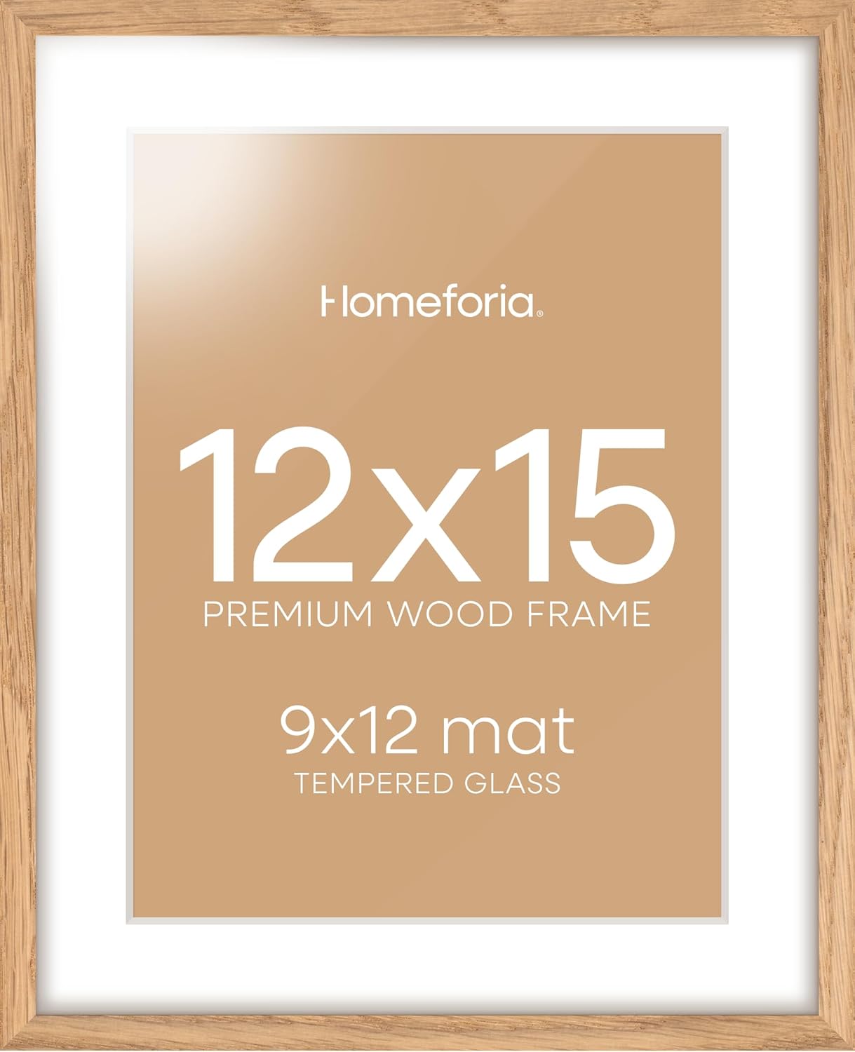Homeforia 12x15 Wood Frame, High End Natural Oak 12x15 Light Wooden Picture Frame with Mat 9x12, 12 x 15 Poster Frames Matted to 9 by 12 Photo, 15x12 Hanging Frames, Tempered Glass, Wall Kit, Set of 1