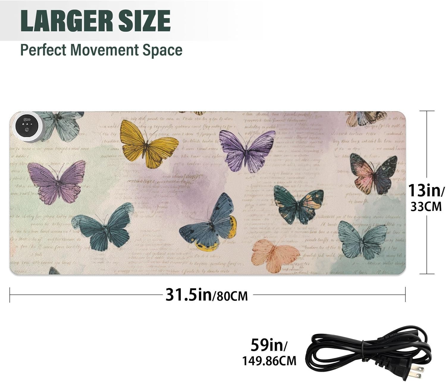 Heated Desk Pad Mouse Pad 31.5x13 Inch PU Leather Desk Mat with 3 Heat Levels Large Mouse Gaming Computer Laptop Mat Vintage Beige Butterflies