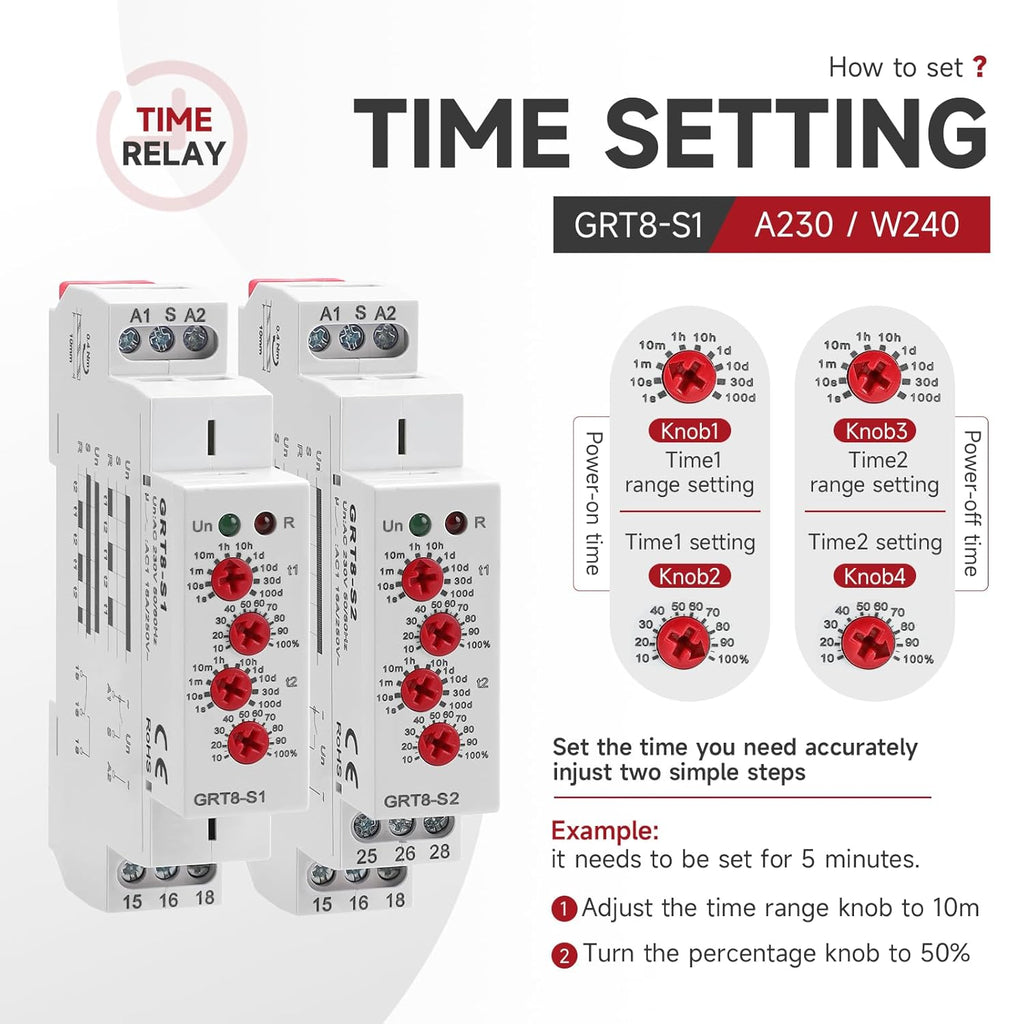Asymmetric Cycle Timer Relay 2SPDT AC 230V 16A Long or Short Period Repeat Cycle Tntermittent Timer Electronic Relay in Din Rail (GRT8-S2 AC 230V)