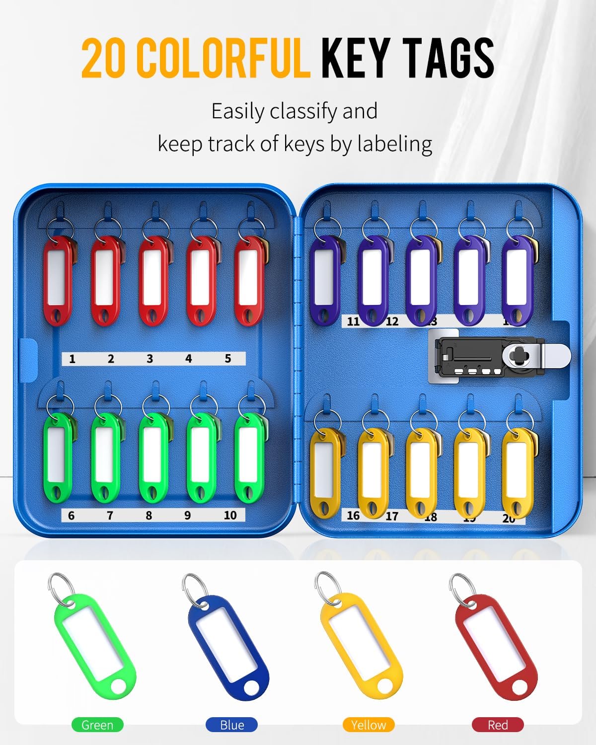 Uniclife 20 Position Key Cabinet with Combination Lock Resettable Blue Digital Security Storage Box Steel Key Organizer with Colorful Key Tag Labels Stickers and Hooks