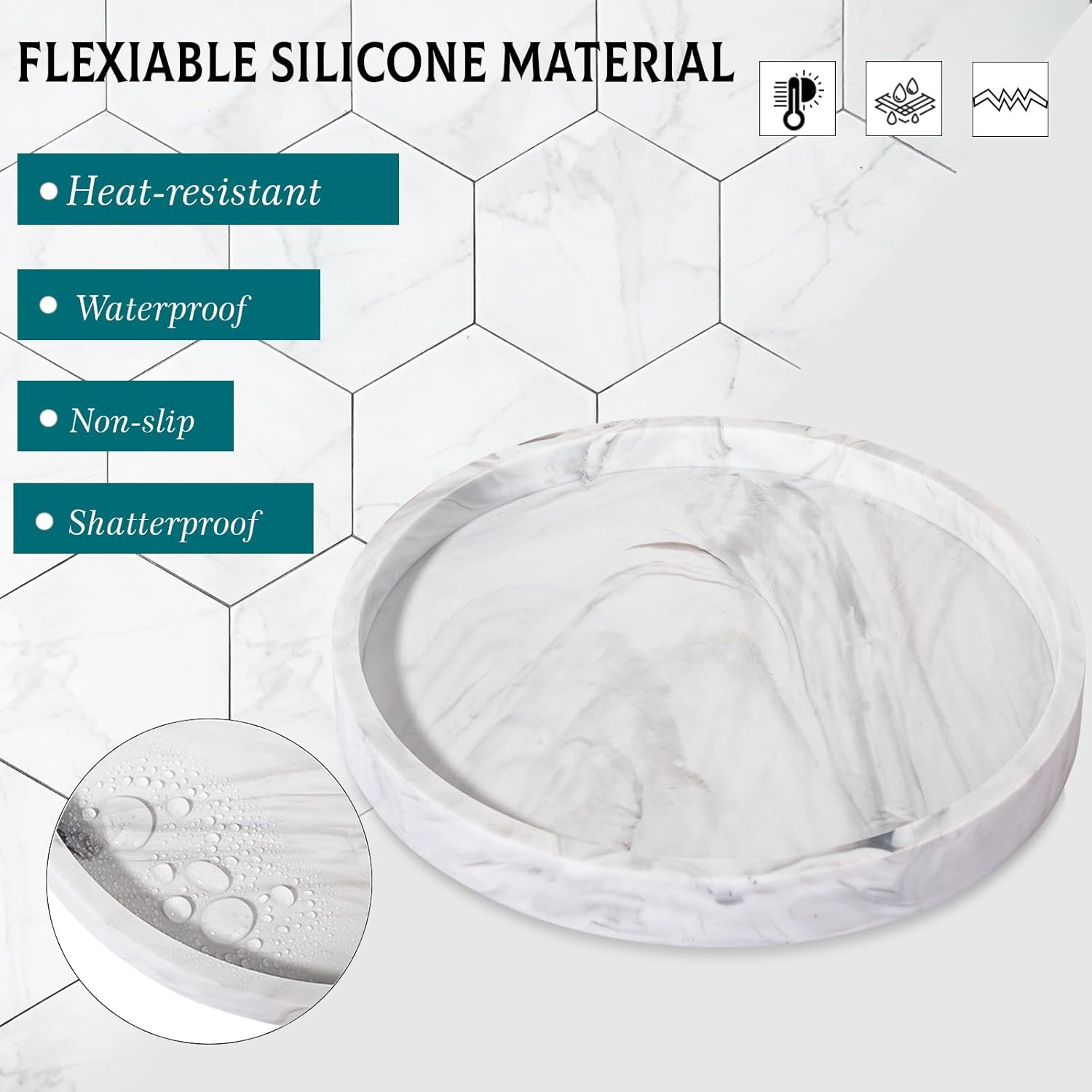Silicone Bathroom Tray Round Vanity Tray Decorative Soap Holder Kitchen Countertop Organizer Coffee Table Decor for Candle, Perfume, Plant, 11 Inch, Marble Grey