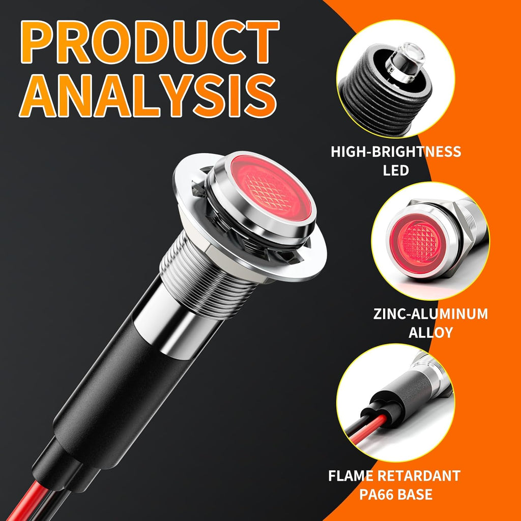 5Pcs 8MM (5/16'') Indicator Light led Indicator 12v 24v Metal Pilot Lamp Lights Aluminum Black Anodized Waterproof ip67 Red Signal Lamp Light(12V-Brass Nickel Plated-Yellow 5Pcs)
