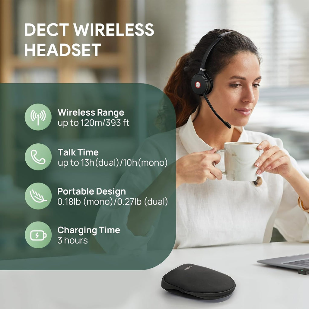 Yealink WH62 Portable Wireless Headset with DECT Dongle, 393 ft,Teams, Zoom Skype Certified, Office Work Headphones with 2X Noise Cancelling Mic, 13H Call Time, (Computer, Desk Phone)