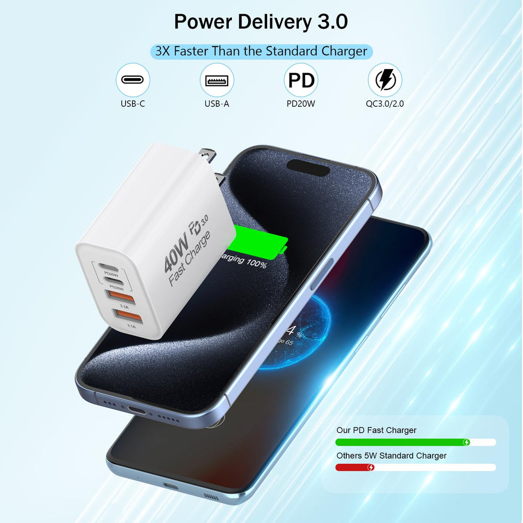 USB C Charger Block, 2Pack 40W 4-Port USB C iPhone Charger Fast Charging Plug Dual Port PD Power Adapter + QC Double Block Multi-port Brick Type C Box Plug for iPhone 16/15/14/13/12/11/Pro Max/XS,iPad