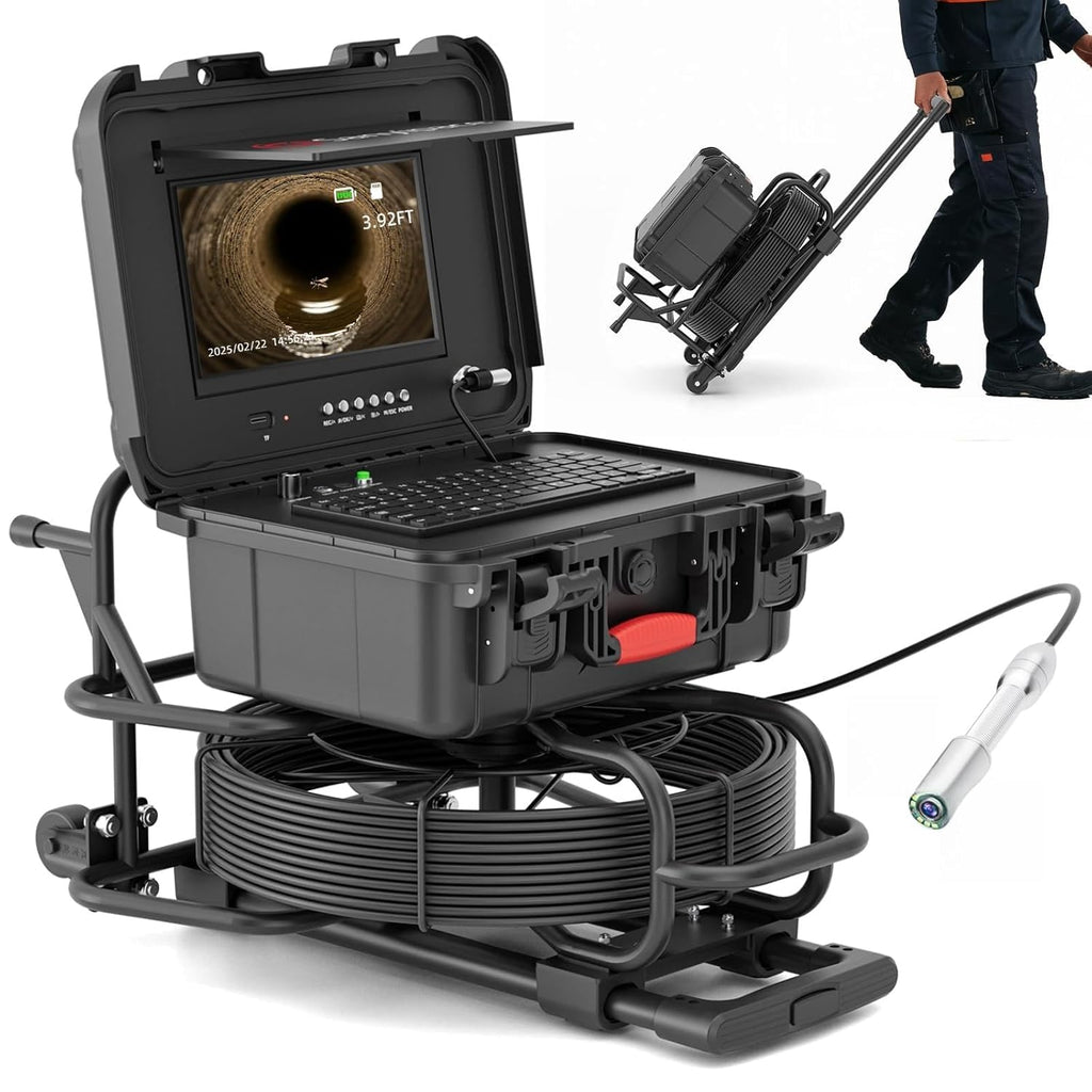 Sanyipace Trolley Sewer Camera 100FT/30M with Self-Leveling, Retractable Handle, Equipped 512Hz Transmitter, Distance Counter, Microphone Speaker Keyboard, 10" Color Screen, 7mm Cable