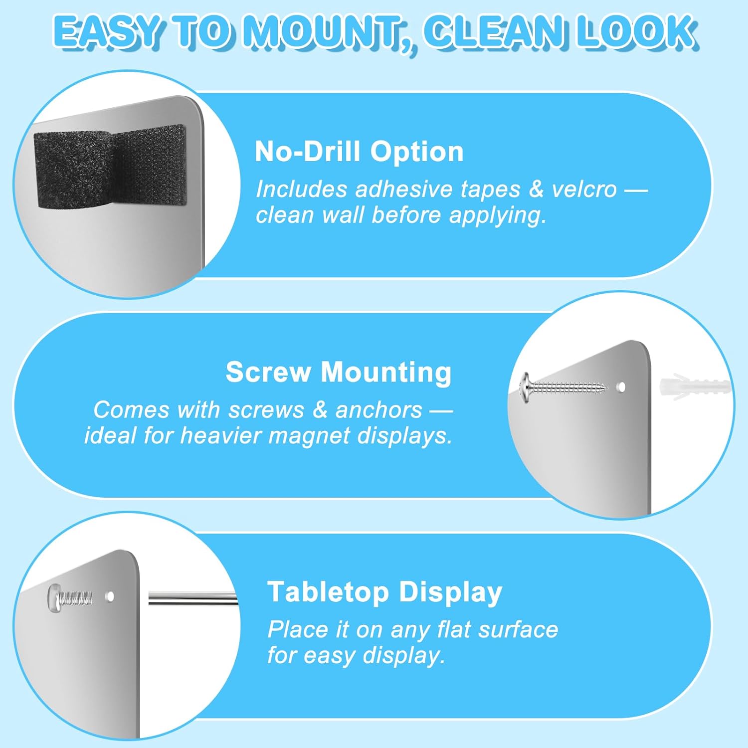 ARVOK 2 Pack Silver Magnetic Board 17.1" x 11.8", Metal Magnet Bulletin Board for Wall, Refrigerator, Cabinet, Display Notes, Photos, Poetry, Includes 8 Screws & 8 Dual Lock Tapes, 4 Support Screws