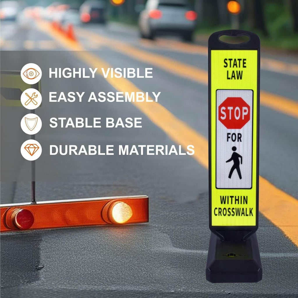 Pedestrian Crosswalk Sign with Heavy Weighted Water-Filled Base - 2 Sets, Reflective Safety Traffic Sign for Sidewalks, Parking Lots, and Roadways, Durable and Portable