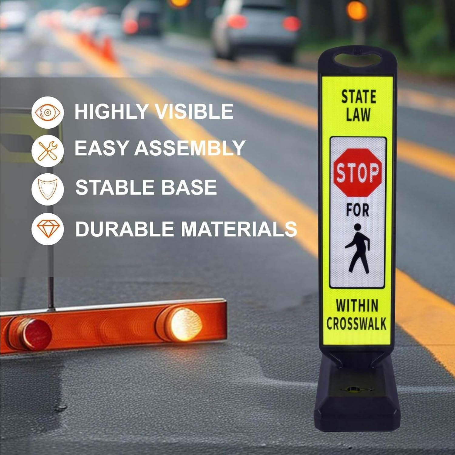 Pedestrian Crosswalk Sign with Heavy Weighted Water-Filled Base - 2 Sets, Reflective Safety Traffic Sign for Sidewalks, Parking Lots, and Roadways, Durable and Portable