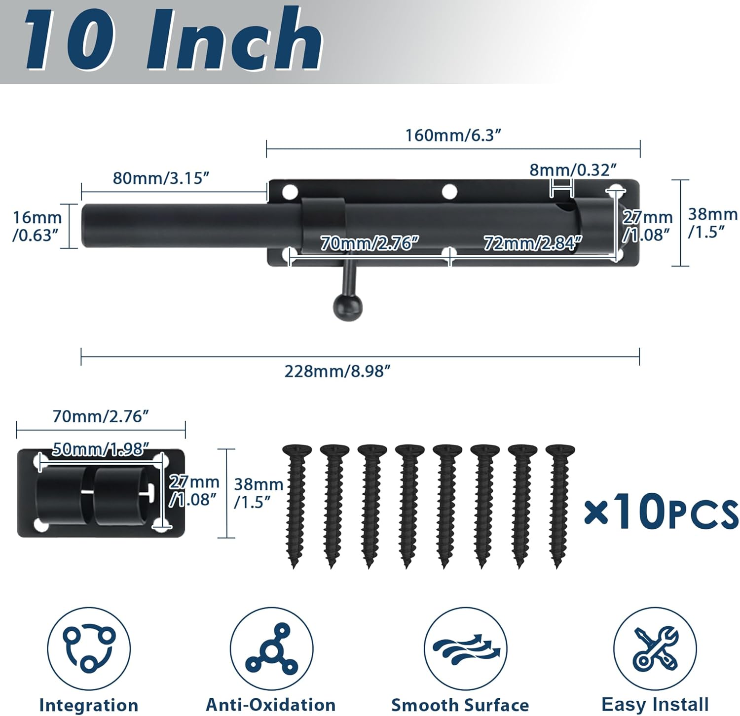 Alise 10 inch Barrel Bolt Latch,Slide Bolt Latch,Heavy Duty Solid SUS304 Stainless Steel Slide Lock for Wooden Fence,Barn Door,Interior or Outdoor Door Matte Black MS9200-B