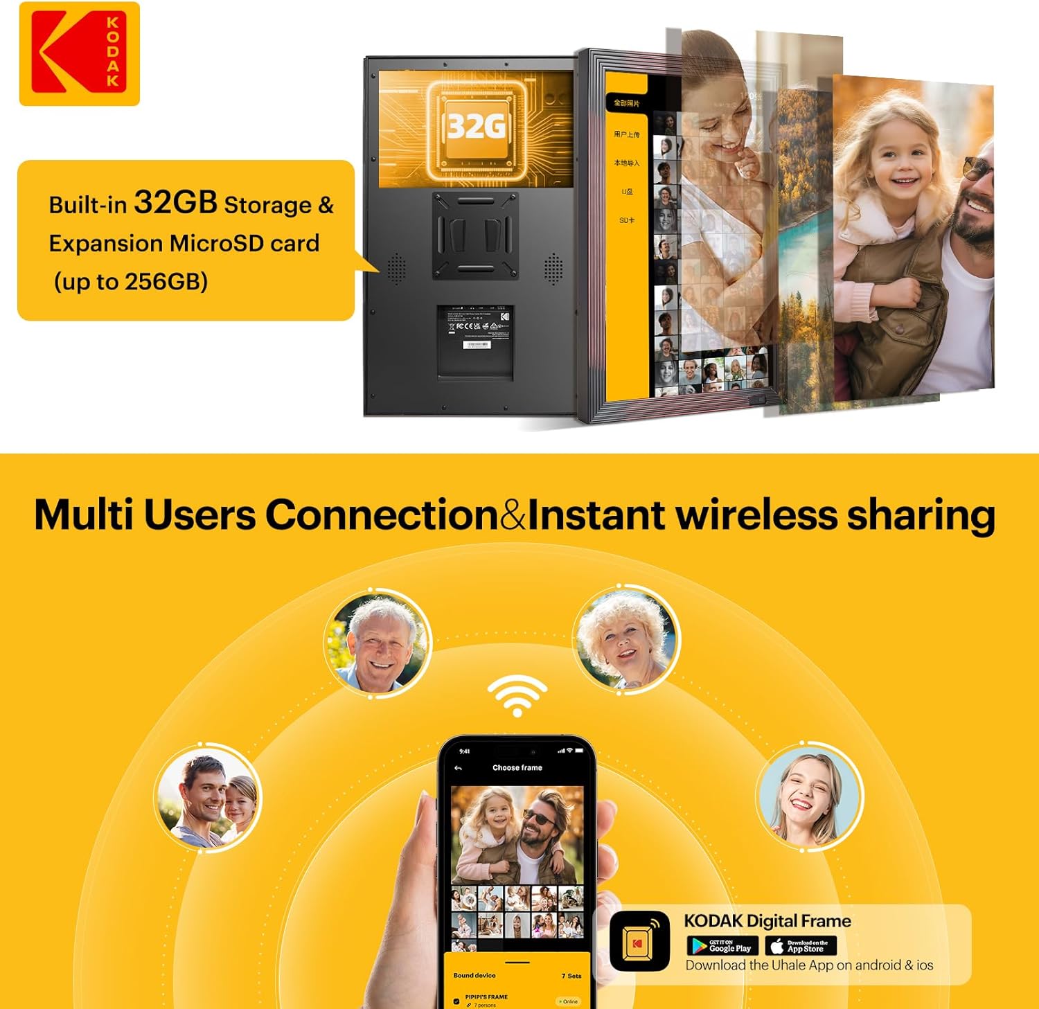 KODAK 18.5 Inch Wooden WiFi Digital Picture Frame,1920 * 1080 X-Large Digital Photo Frame,32GB Memory,IPS Screen, Wall-Mounted with Remote, Share Picture Video, Work with Alexa,Best Gifts for Mom