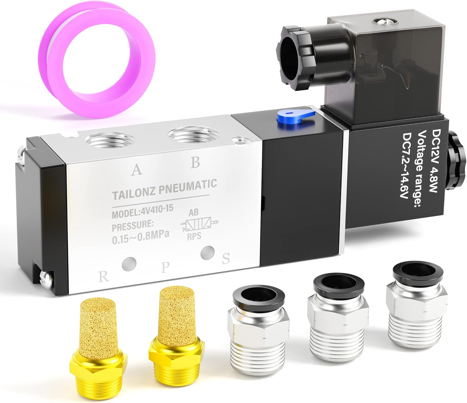 TAILONZ PNEUMATIC 1/2"NPT Solenoid Valve 4V410-15 DC12V Single Coil Pilot-Operated Electric 2 Position 5 Way Connection Type Junction Box