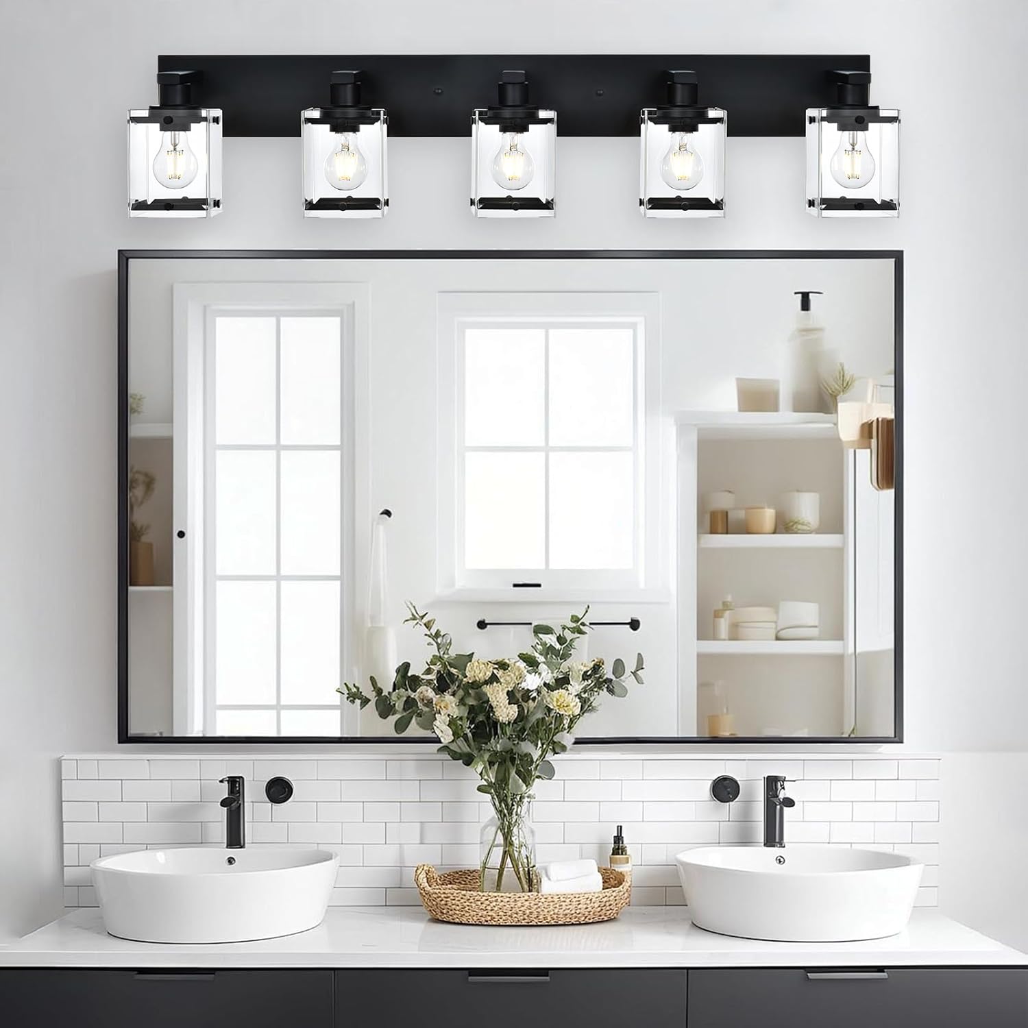 5-Light Modern Vanity Lighting, Black Bathroom Light Fixture Over Mirror with Rectangular Clear Glass,E26 Bulb Base