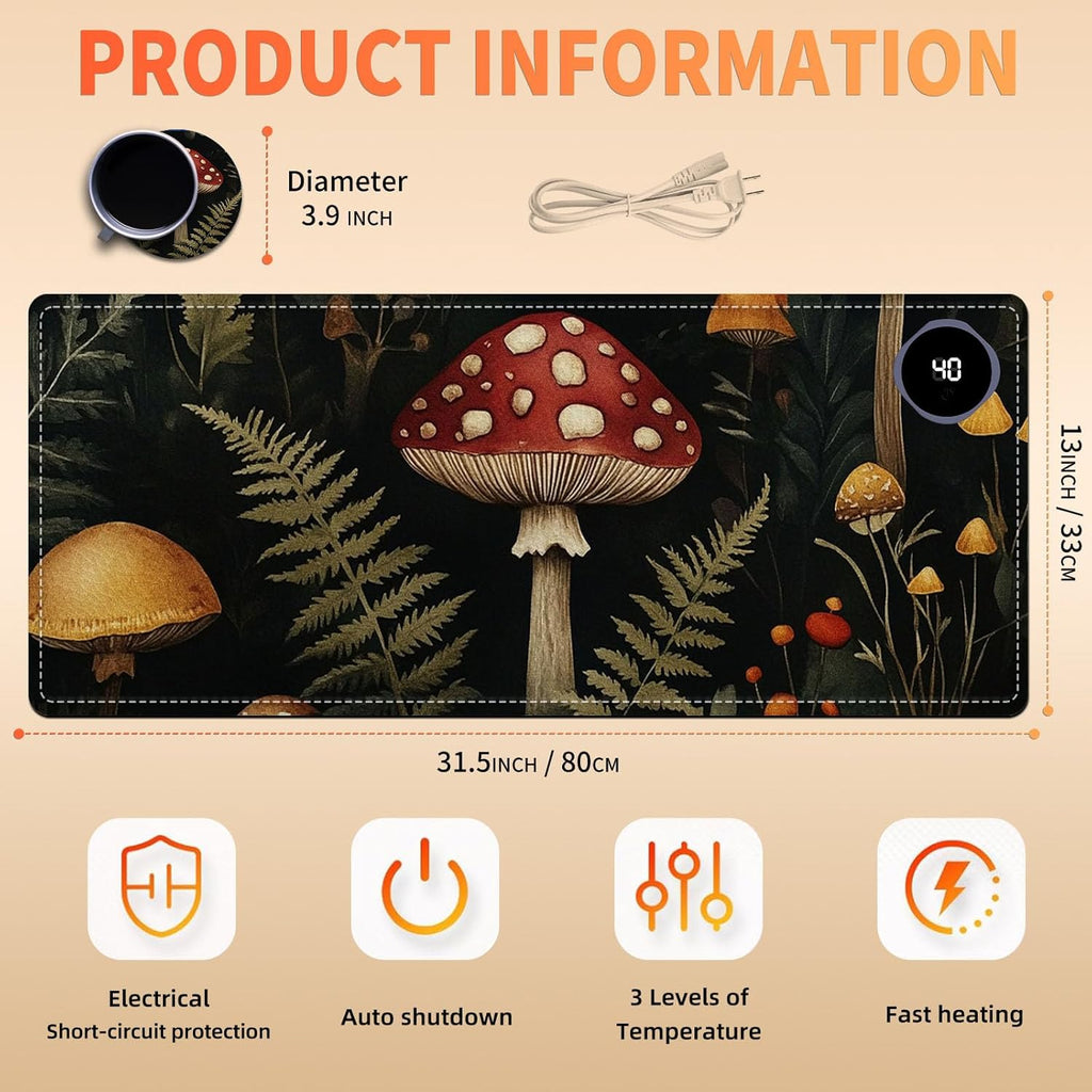 Heated Mouse Pad 31.5x13 in 3-Temp Fast Heating Desk Mat with Auto Timer Warmer for Hands Wrist Pain Relief Waterproof Keyboard Mat for Office, Gaming, Home, Mushroom Forest