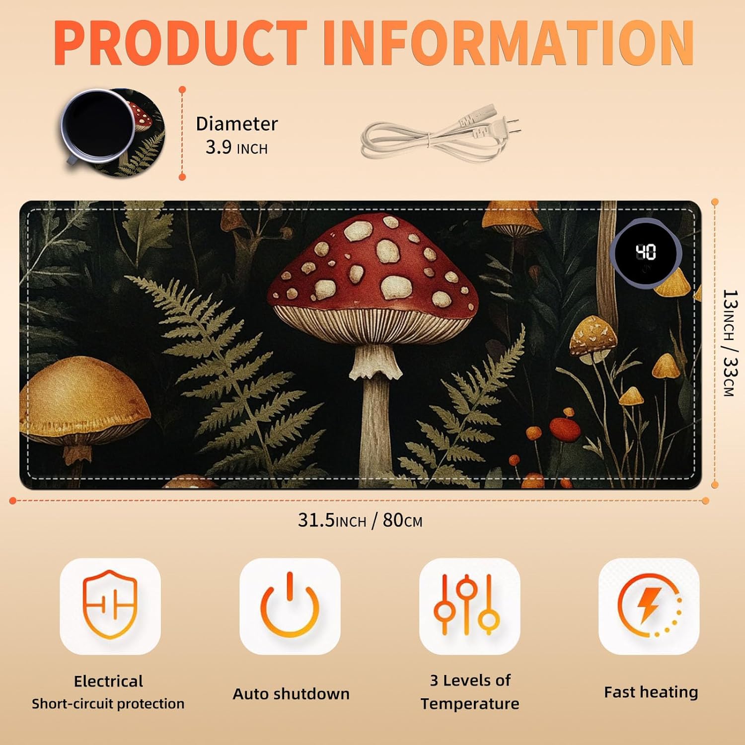 Heated Mouse Pad 31.5x13 in 3-Temp Fast Heating Desk Mat with Auto Timer Warmer for Hands Wrist Pain Relief Waterproof Keyboard Mat for Office, Gaming, Home, Mushroom Forest