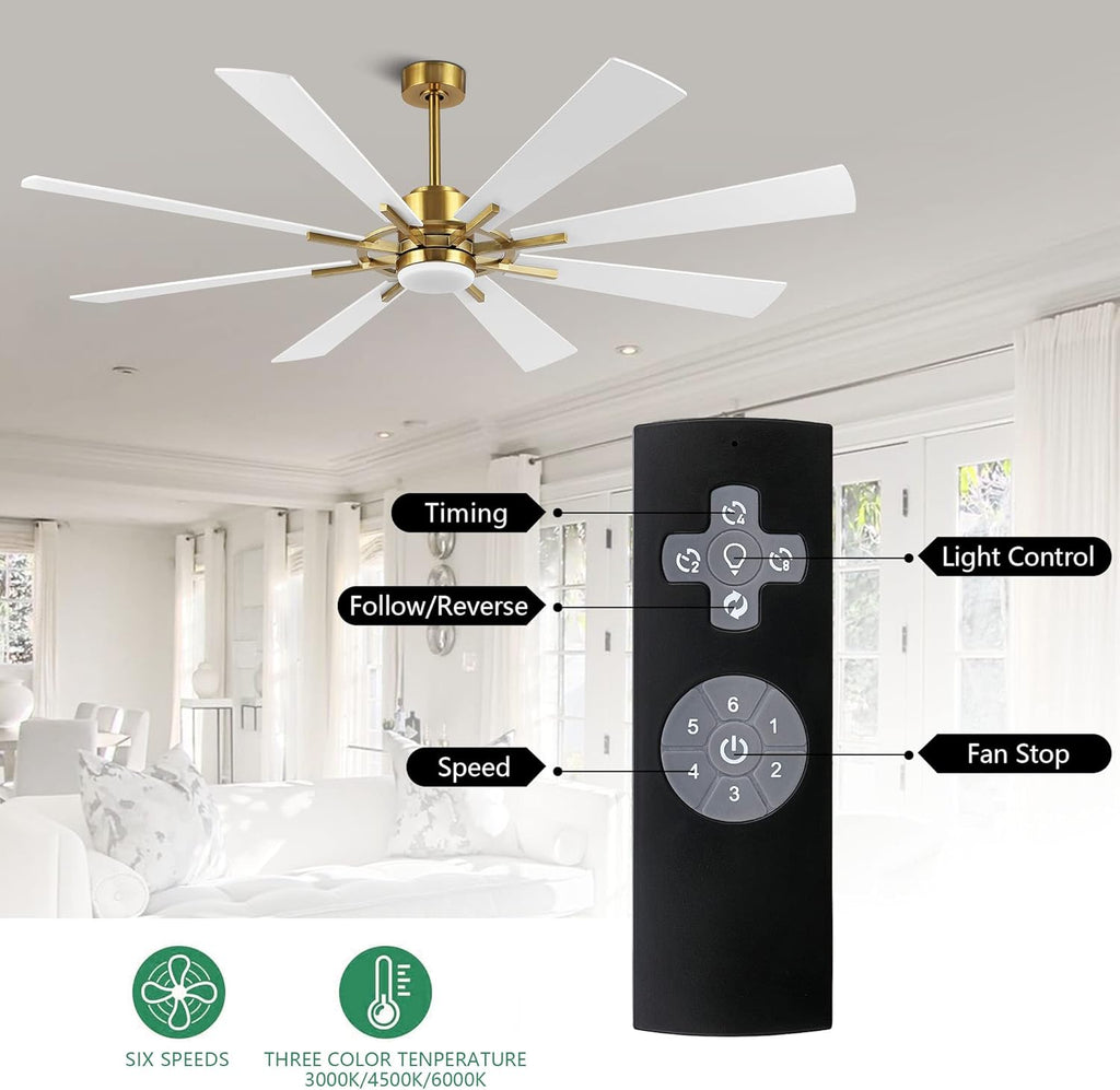 WINGBO 60" DC Ceiling Fan with Lights and Remote Control, Gold and White Ceiling Fan, 8 Plywood Blades, 6-Speed Reversible DC Motor, Modern Ceiling Fans Indoor for Kitchen Bedroom Living Room