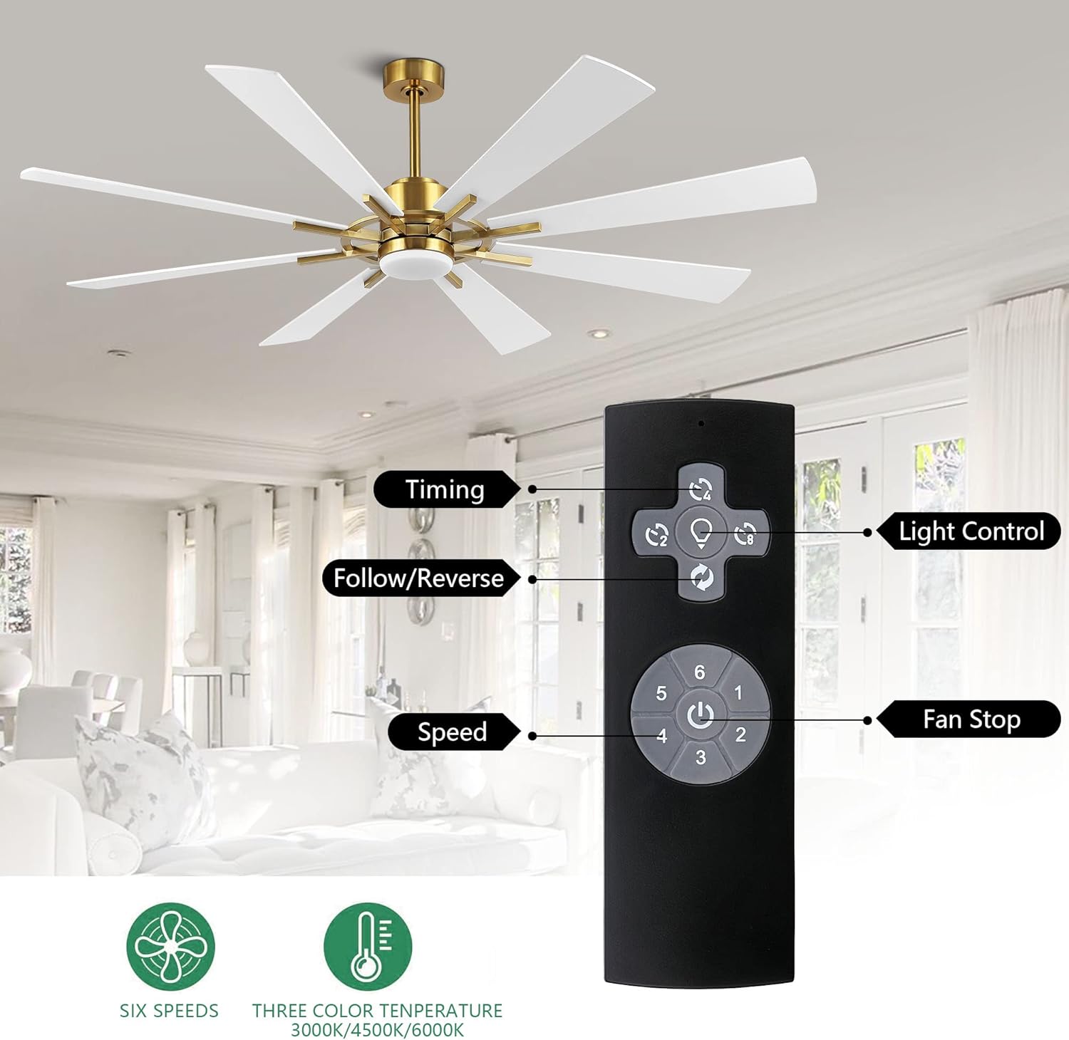 WINGBO 60" DC Ceiling Fan with Lights and Remote Control, Gold and White Ceiling Fan, 8 Plywood Blades, 6-Speed Reversible DC Motor, Modern Ceiling Fans Indoor for Kitchen Bedroom Living Room