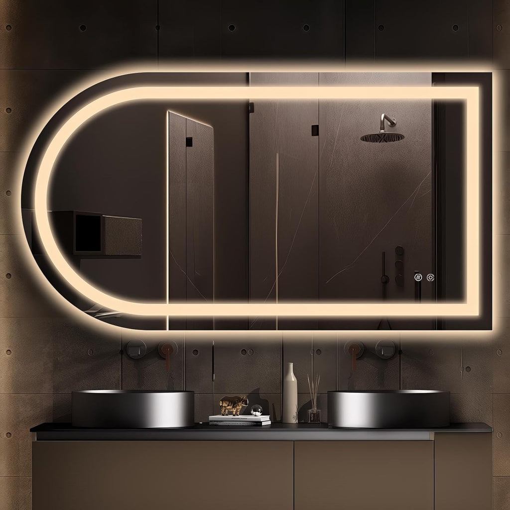 Niccy Arched LED Bathroom Mirror, 55x30 Arch Wall Mounted Frameless Bathroom Mirror for Vanity, Smart Lighted Frontlit Mirrors with Memory Function for Bathroom Bedroom Beauty Hair Salon