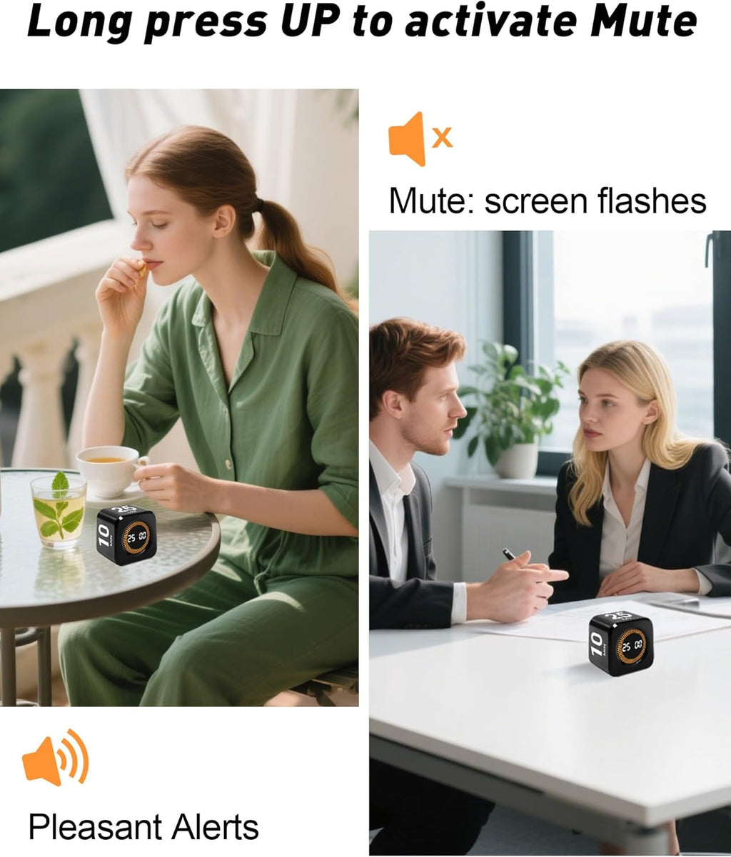 Pomodoro Timer Cube for Productivity — 5/25/10/50 Minutes Preset, Digital Gravity Sensor Desk Visual Timer for ADHD, Silent Mode, Ideal for Office, Study, Kitchen & Kids