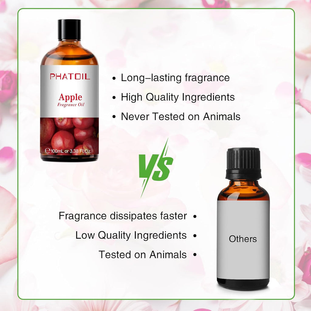 PHATOIL 3.38FL.OZ Apple Fragrance Oils for Aromatherapy, Essential Oils for Diffusers for Home, Perfect for Diffuser, Yoga, Skin Care, DIY Candle and Soap Making - 100ml