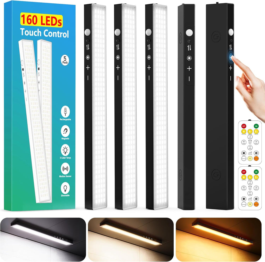 160LEDs Touch-Control Under Cabinet Lighting w/4000mAh Battery, Cordless Motion Sensor Under Counter Lights for Kitchen, Magnetic Rechargeable Closet Lights - 5Pack/Black, 2025 Fall