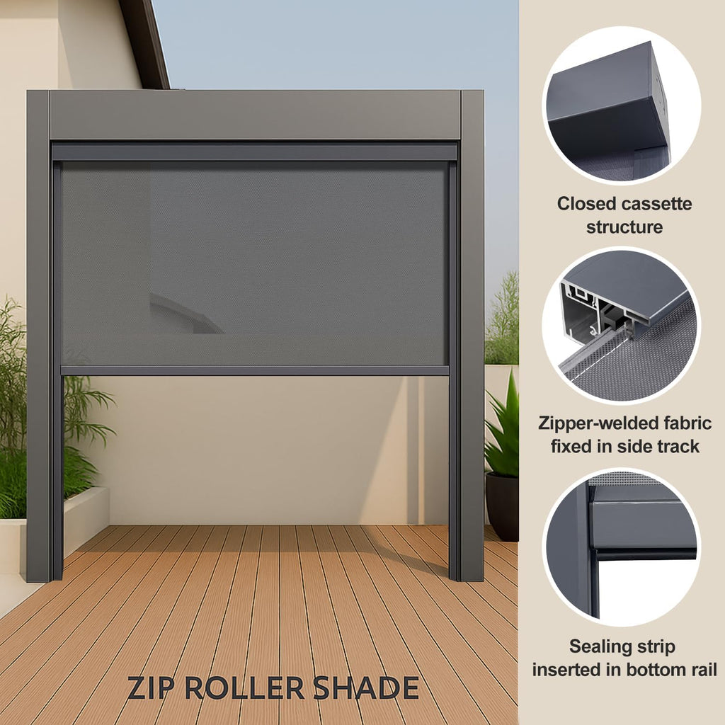 ZSHINE Hard-Wired Outdoor Weatherproof Motorized Patio Roller Shades Remote Control for Porch Balcony Customized Size (White Grey 5% Openness)