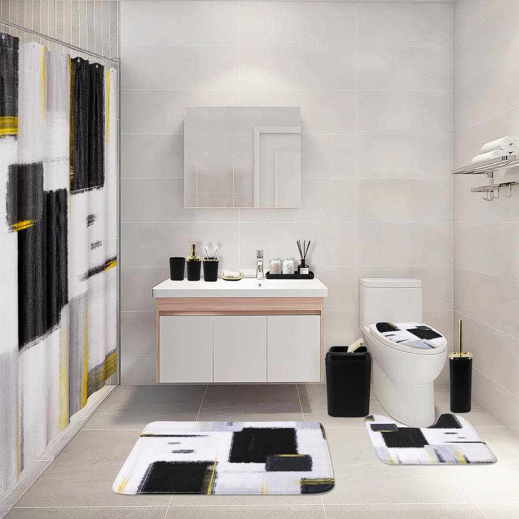 Bathroom Set - Black Bathroom Accessories Set, Bathroom Sets with Shower Curtain and Rugs, Black Shower Curtain Set with Bathroom Trash Can, Soap Dispenser, Soap Dish for Home Decor