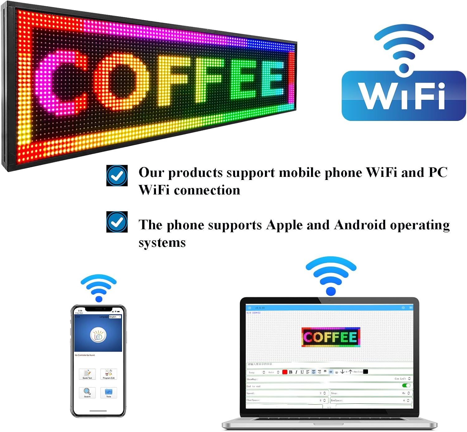 P10 Outdoor RGB Full Color WiFi Programmable Bright LED Scrolling Message Display Board 65”x14” Led Sign, Led Digital Sign Board, Perfect Solution for Store Advertising