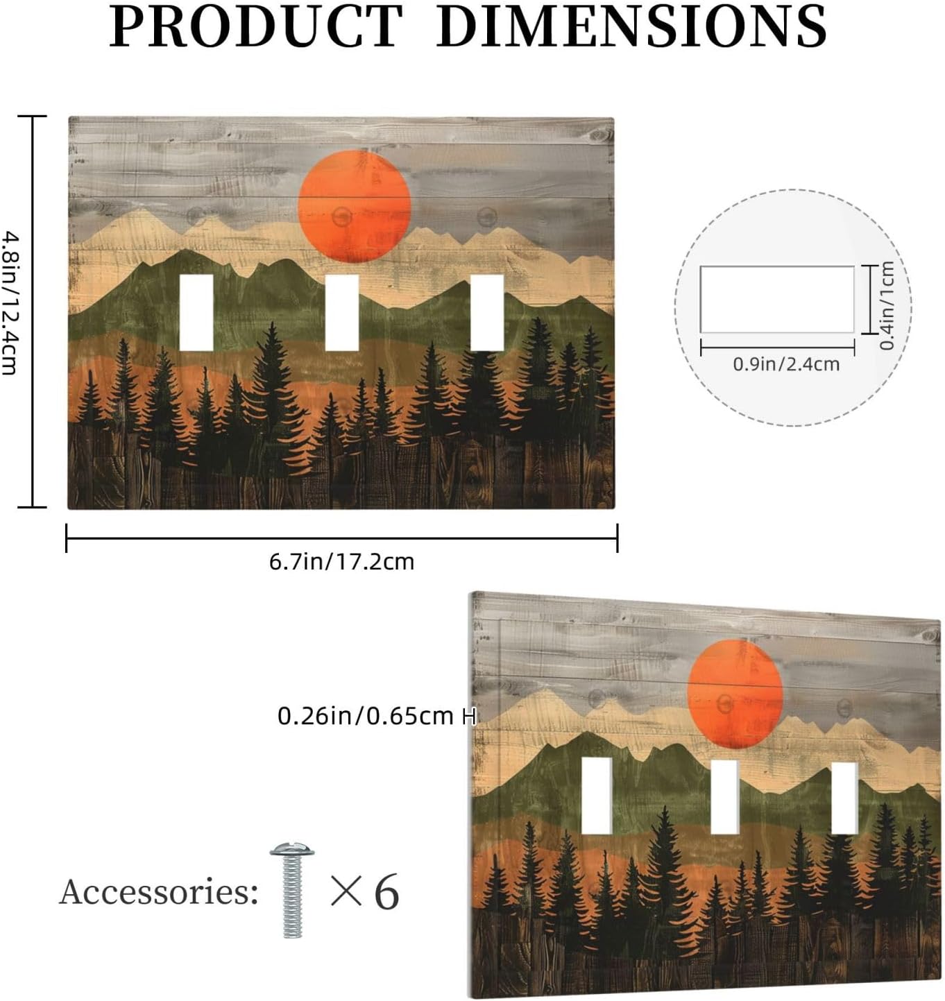 Decorative Switch Plates Vintage Wood Grain Sun Forest Mountains 3 Gang Wall Plate Triple Toggle Light Switch Cover Faceplate Electrical Wall Panels for Farmhouse Cabin Decor