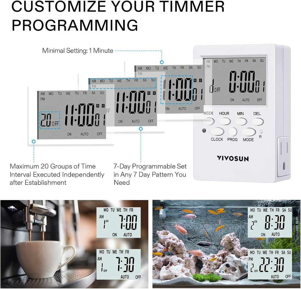 VIVOSUN Digital Timer Outlet 7 Day Programmable Digital Outlet Timer with 2 Independent Outlets 3 Prong, 20 on/Off Programs Groups, Countdown Setting, Indoor for Light Lamp, Fan（1Pack）